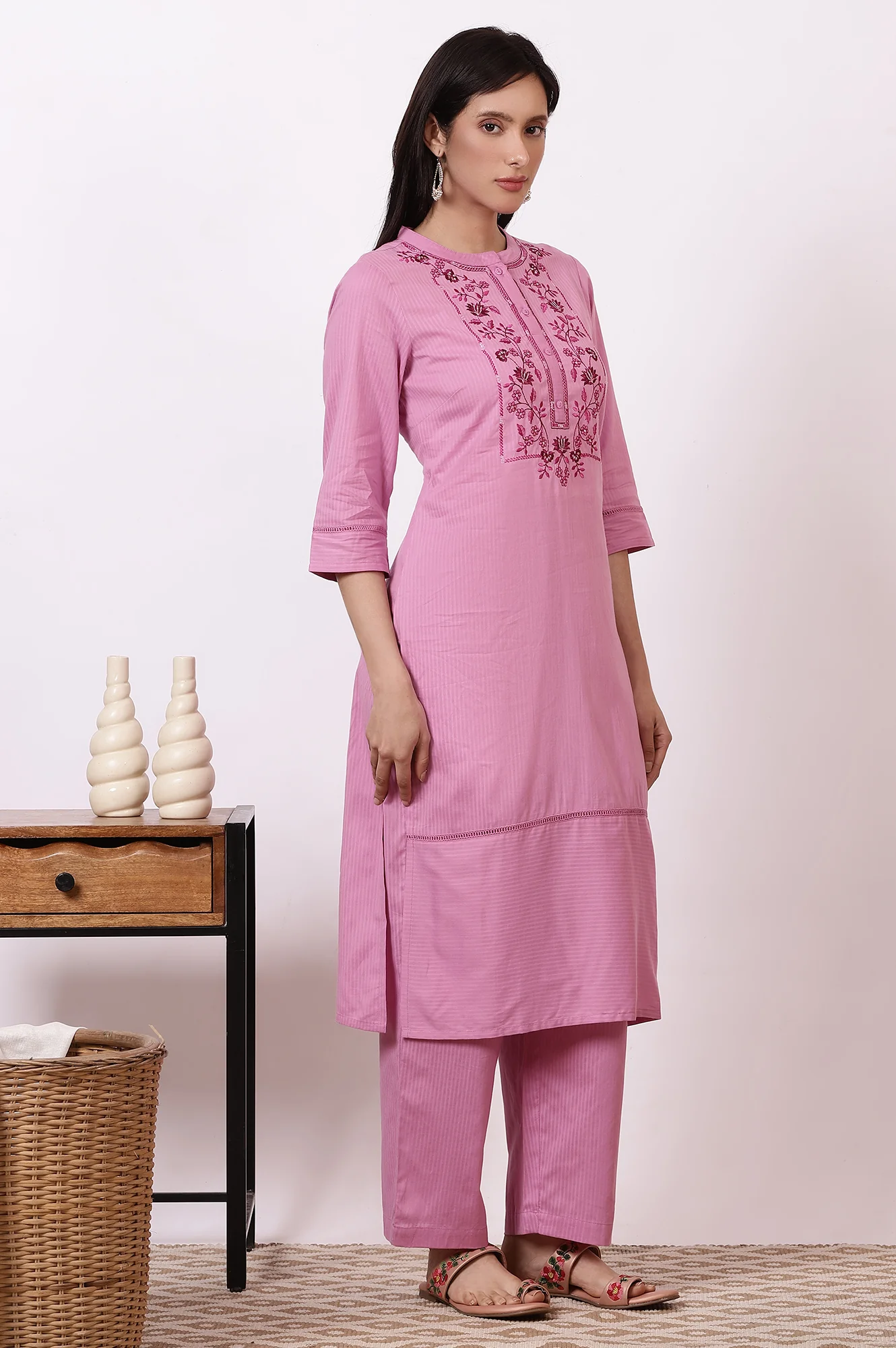 Pink Embroidered Yoke Pure Cotton Straight Kurta and Pants Set - Image 7