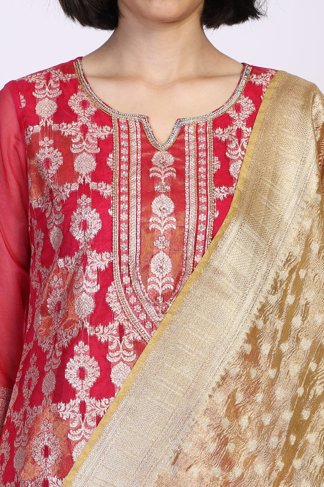 Pink Ethnic Motifs Printed Embroidered Straight Woven Kurta with Palazzo and Dupatta Set - Image 3