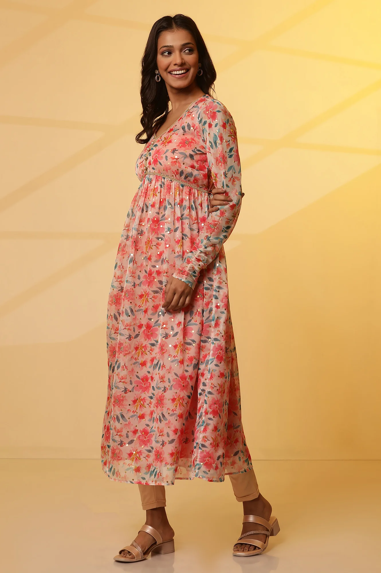 Pink Flared Floral Print Kurta with Gathers - Image 3