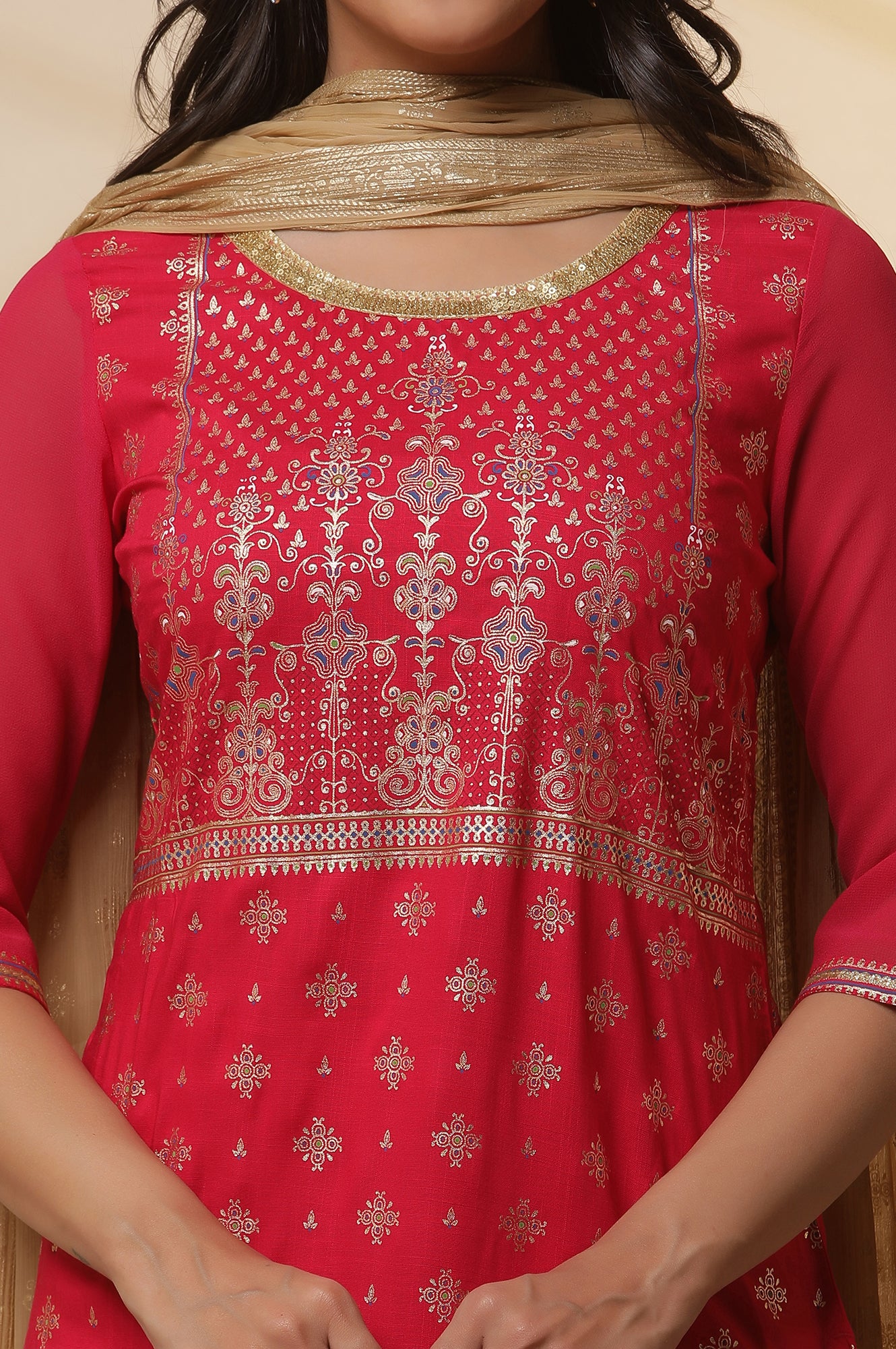 Pink Floral Foil Prined Kurta, Tights and Dupatta Set - Image 6