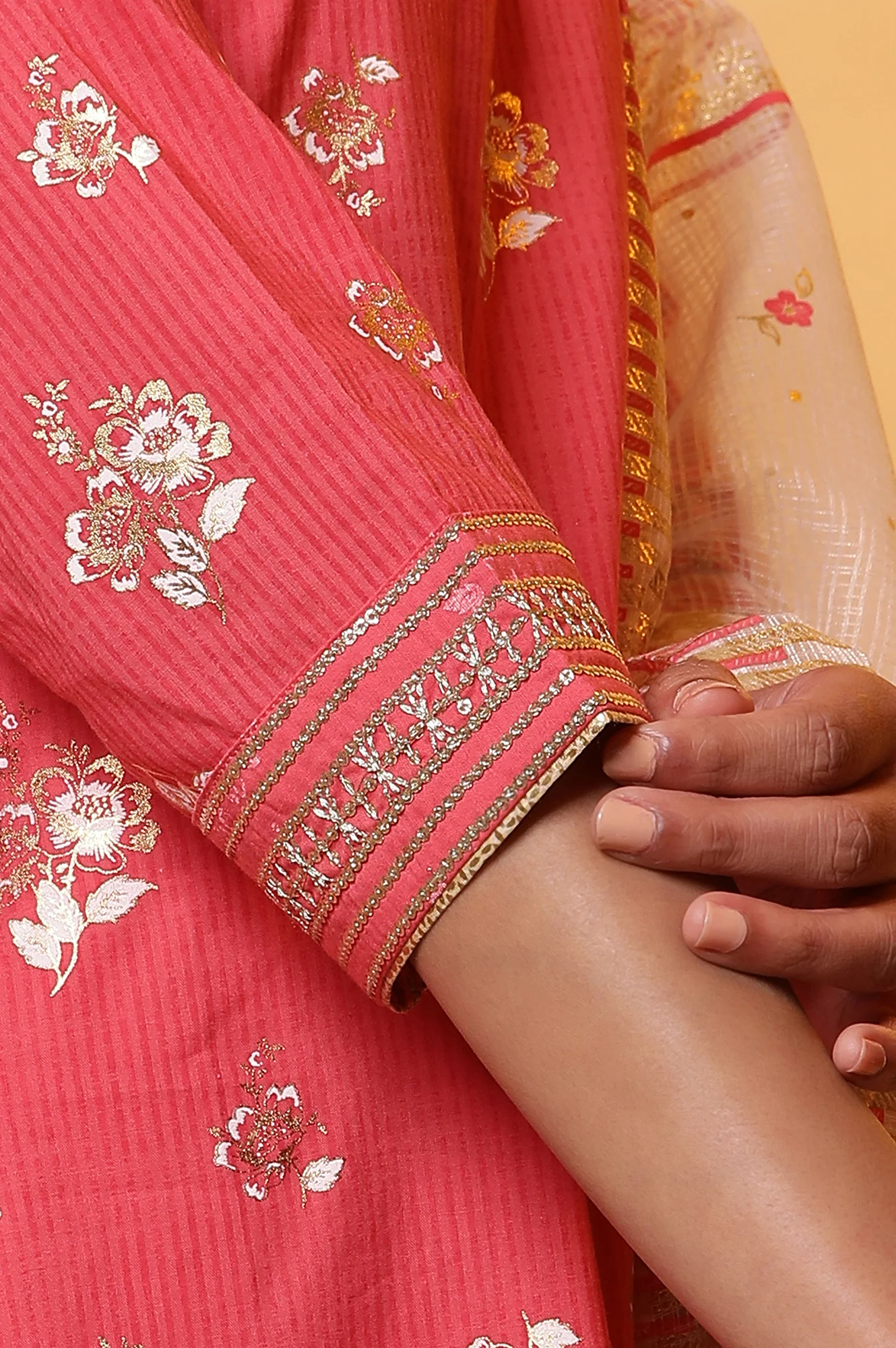 Pink Floral Foil Printed Kurta, Palazzo and Dupatta Set - Image 8