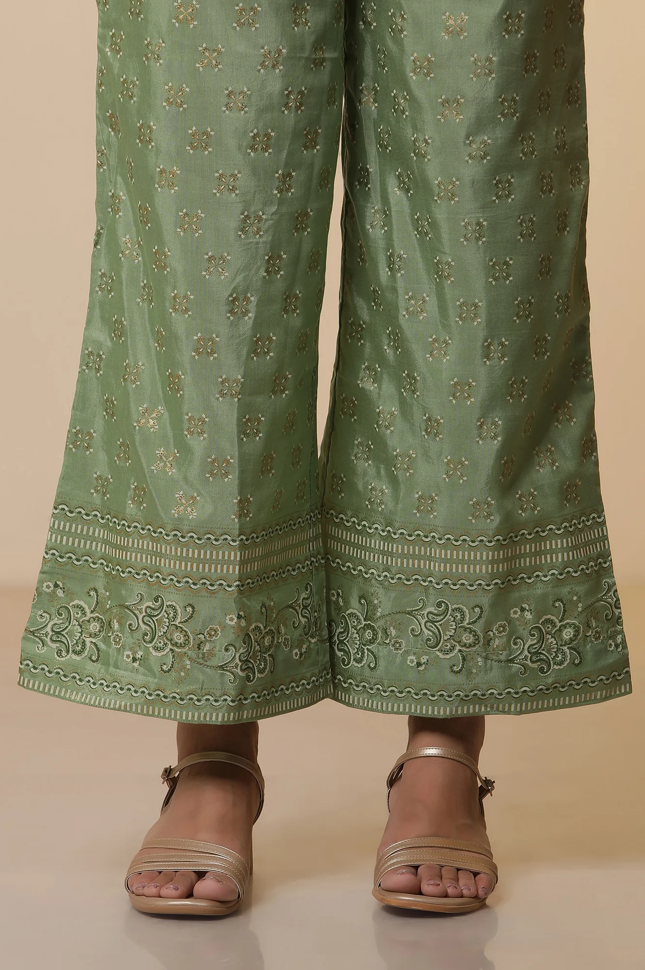 Pink Floral Foil Printed Sequined Straight Kurta, Green Printed Palazzo and Dupatta Set - Image 10