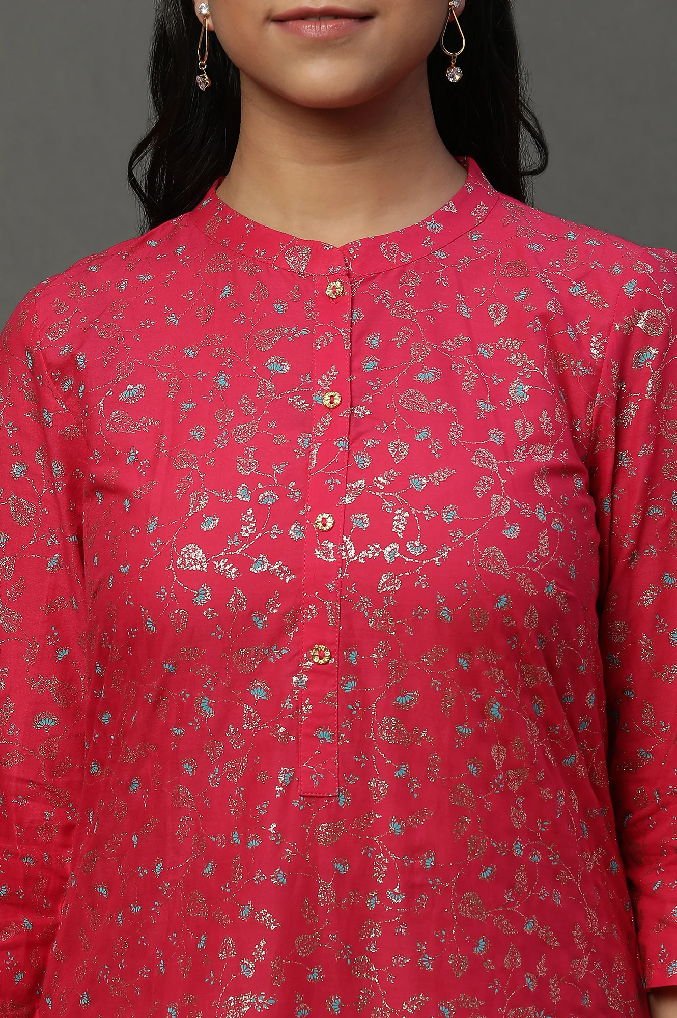 Pink Floral Glitter Printed Kurta - Image 6