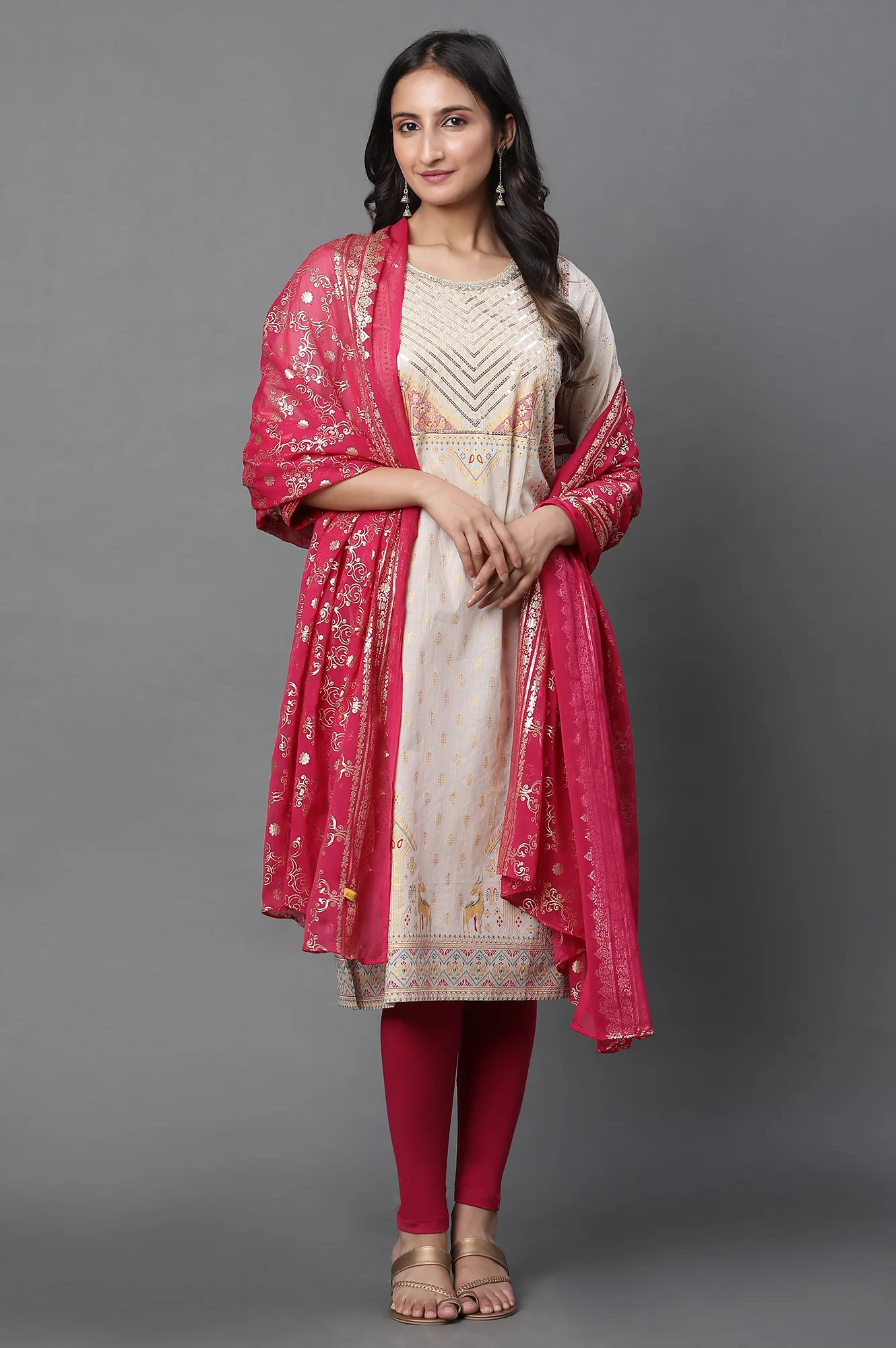 Pink Floral Gold Printed Rectangular Woven Dupatta - Image 2