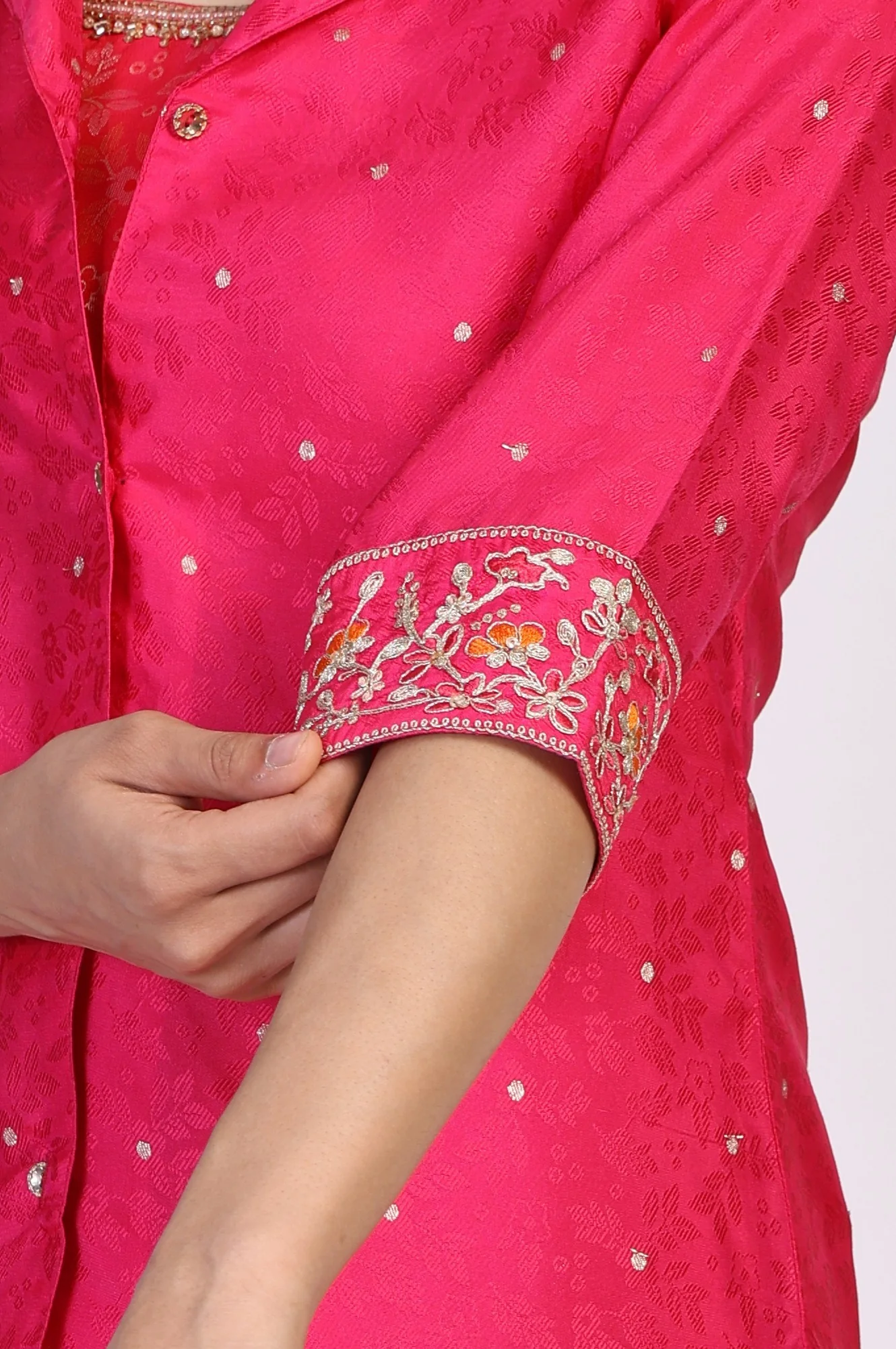 Pink Floral Print Beaded Straight Jacquard Crop Top with Skirt and Jacket Set - Image 9