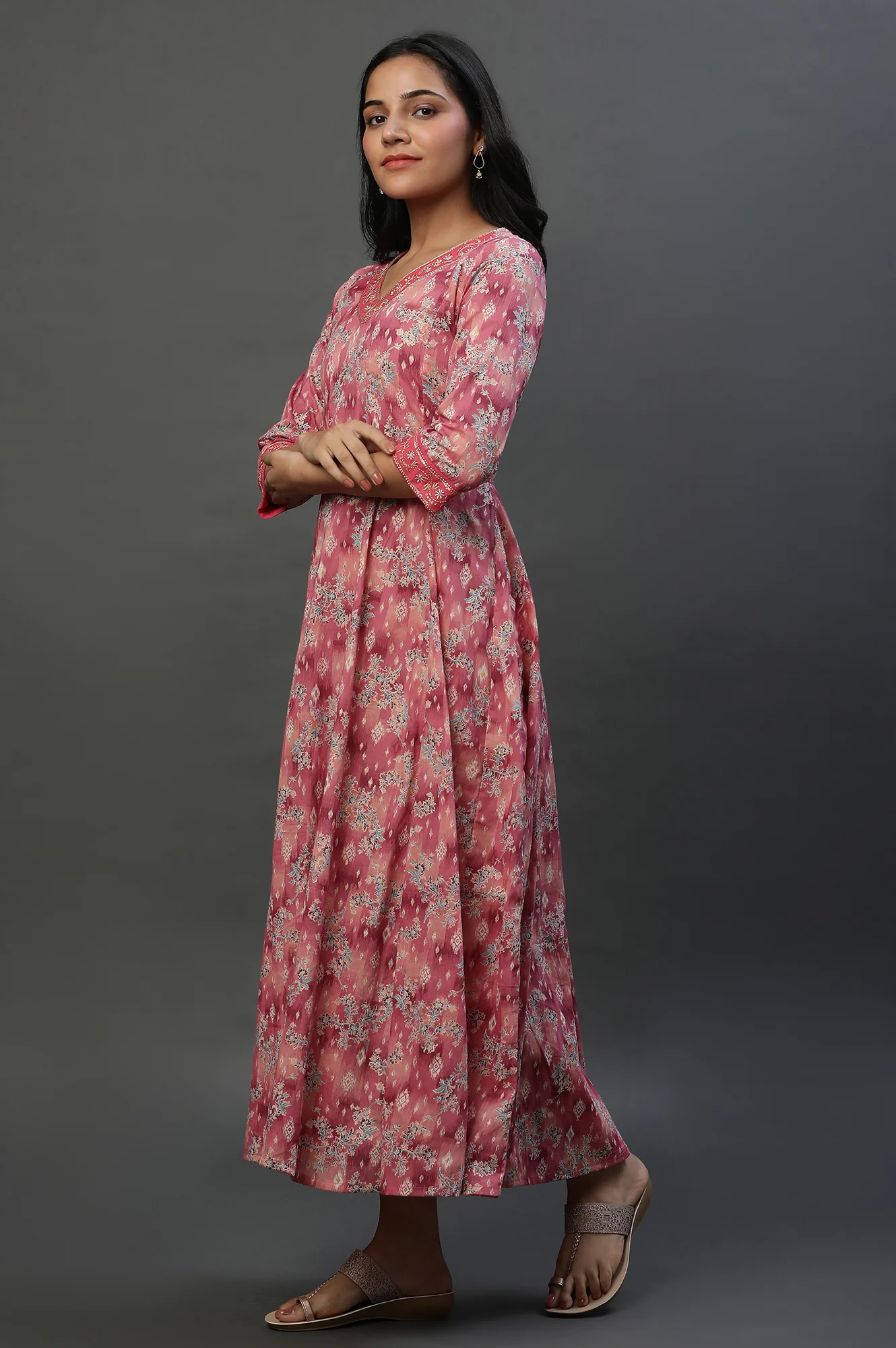 Pink Floral Printed Anarkali Dress with Choker Dupatta - Image 3