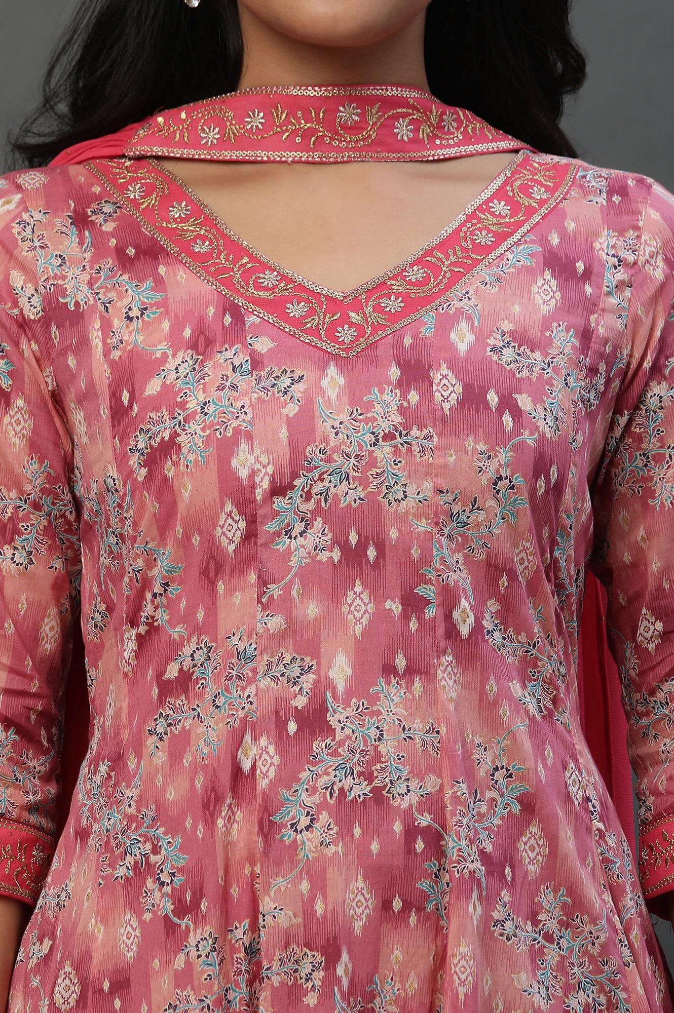 Pink Floral Printed Anarkali Dress with Choker Dupatta - Image 6