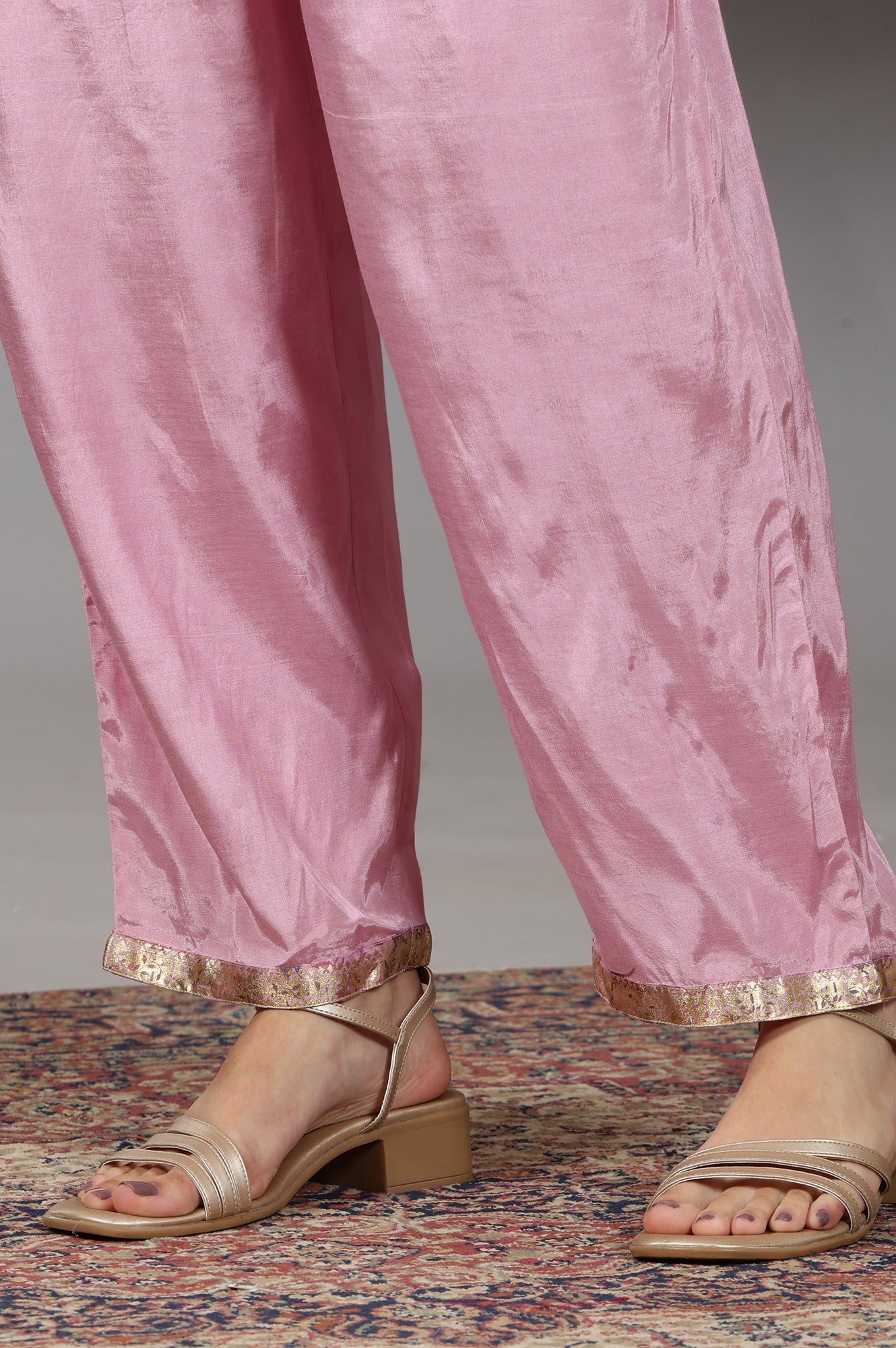 Pink Floral Printed Embroidered Neck Straight Kurta & Palazzos Set with Dupatta - Image 10