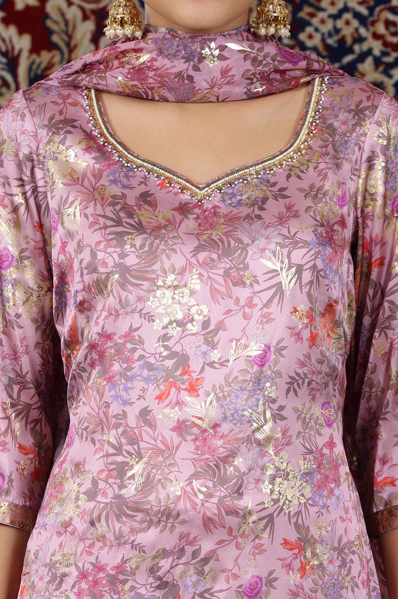 Pink Floral Printed Embroidered Neck Straight Kurta & Palazzos Set with Dupatta - Image 3