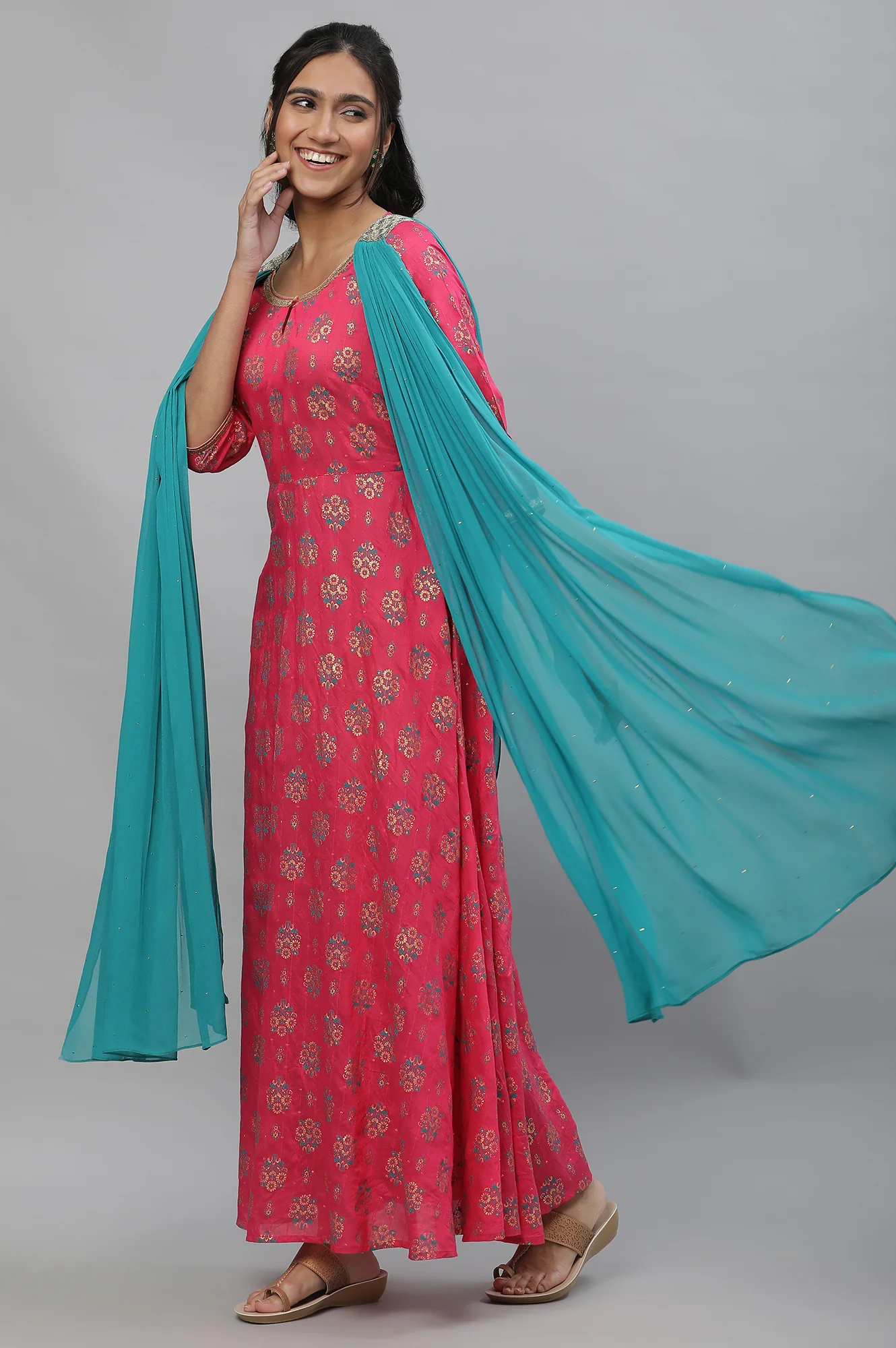 Pink Floral Printed Festive Dress with Attached Dupatta - Image 3