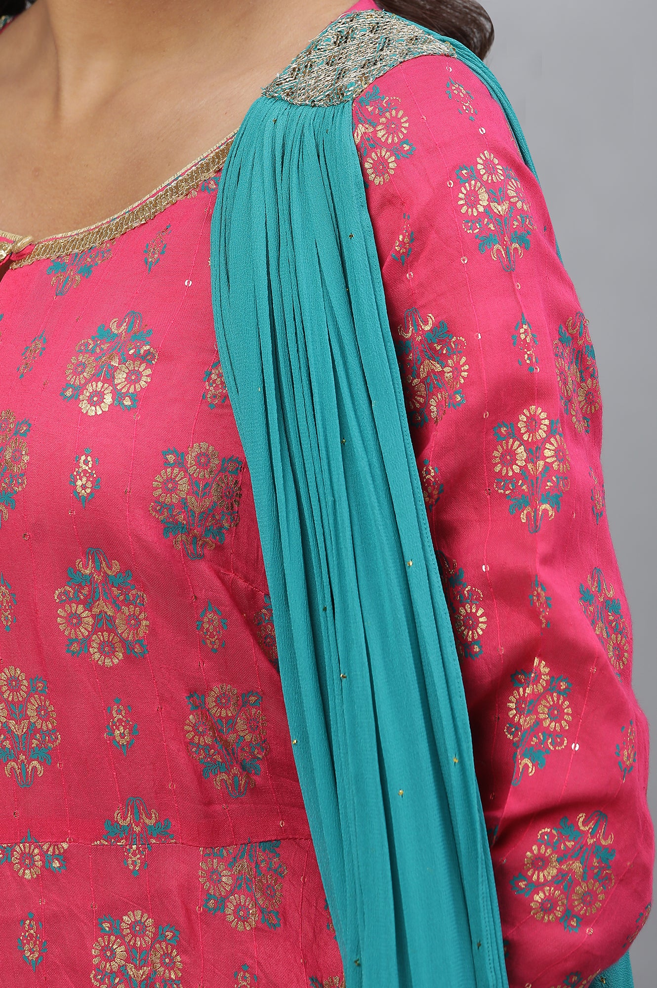 Pink Floral Printed Festive Dress with Attached Dupatta - Image 7