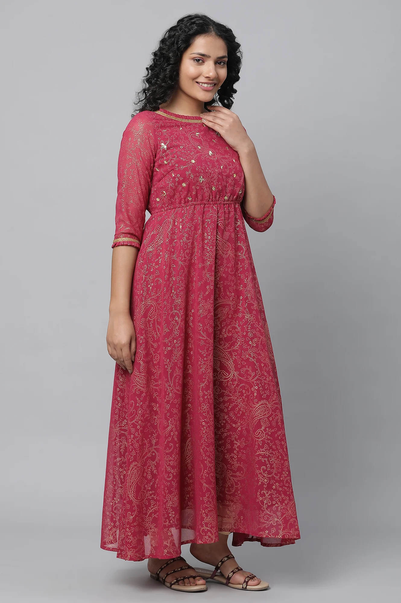 Pink Floral Printed Flared Dress & Tights Set - Image 4