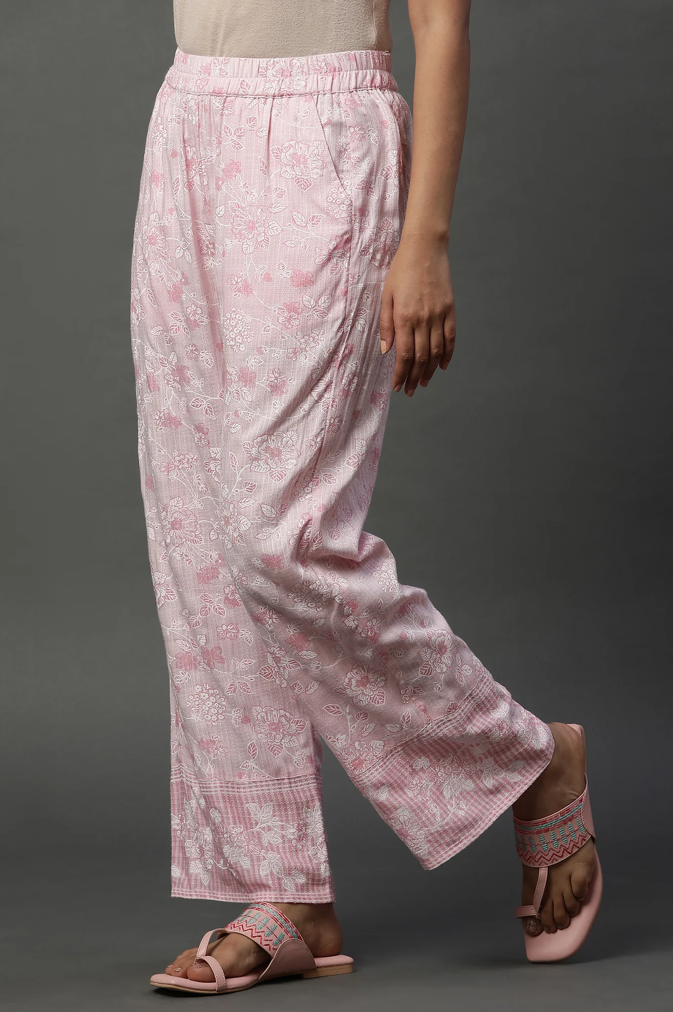 Pink Floral Printed Narrow Palazzos - Image 2