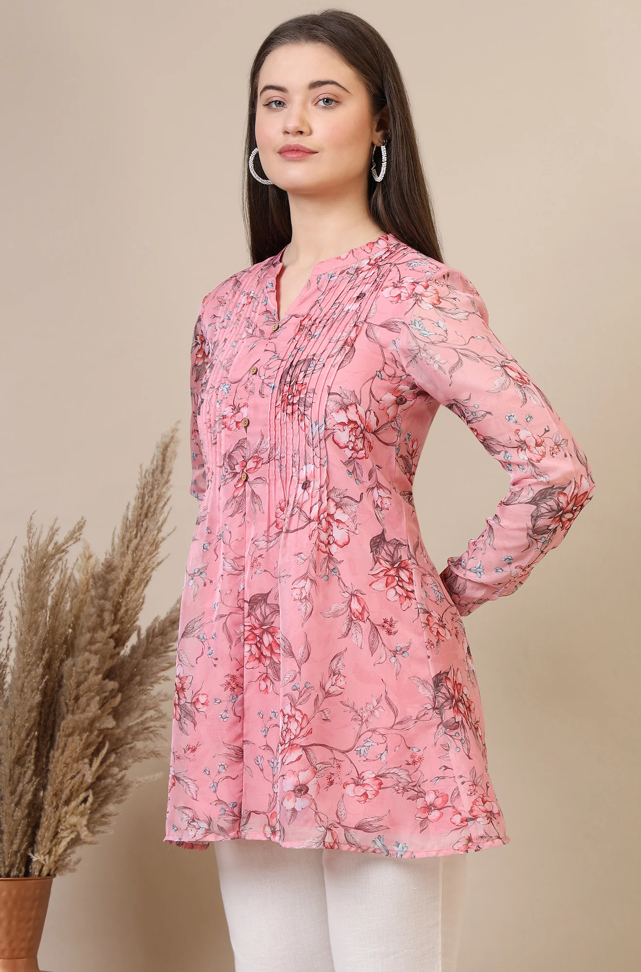 Pink Floral Printed Pintuck Yoke Organza Straight Short Kurti - Image 5