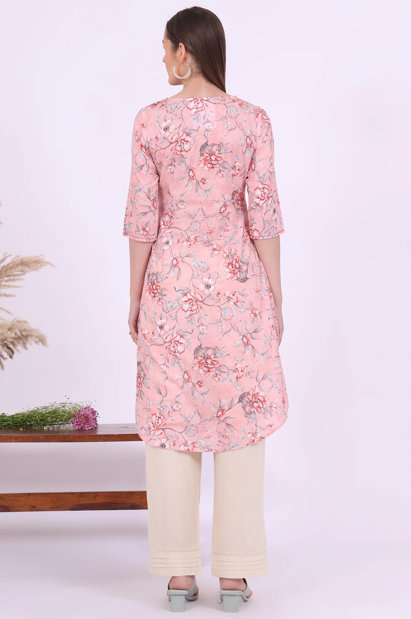 Pink Floral Printed Pure Cotton Straight Kurta - Image 6