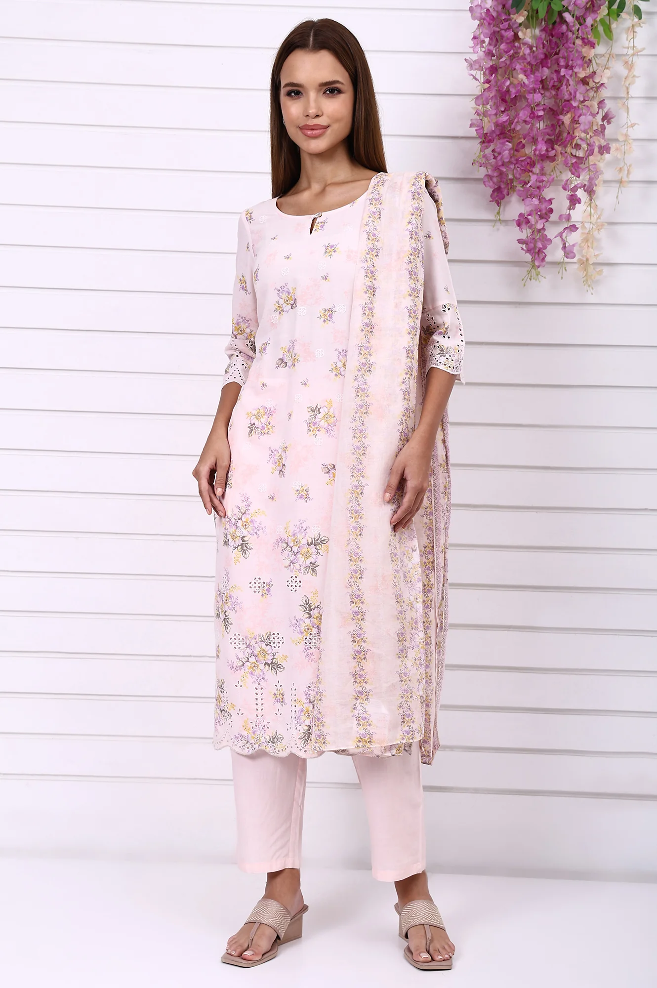 Pink Floral Printed Schiffily Embroidered Liva Straight Kurta, Palazzo and Dupatta Set - Image 2