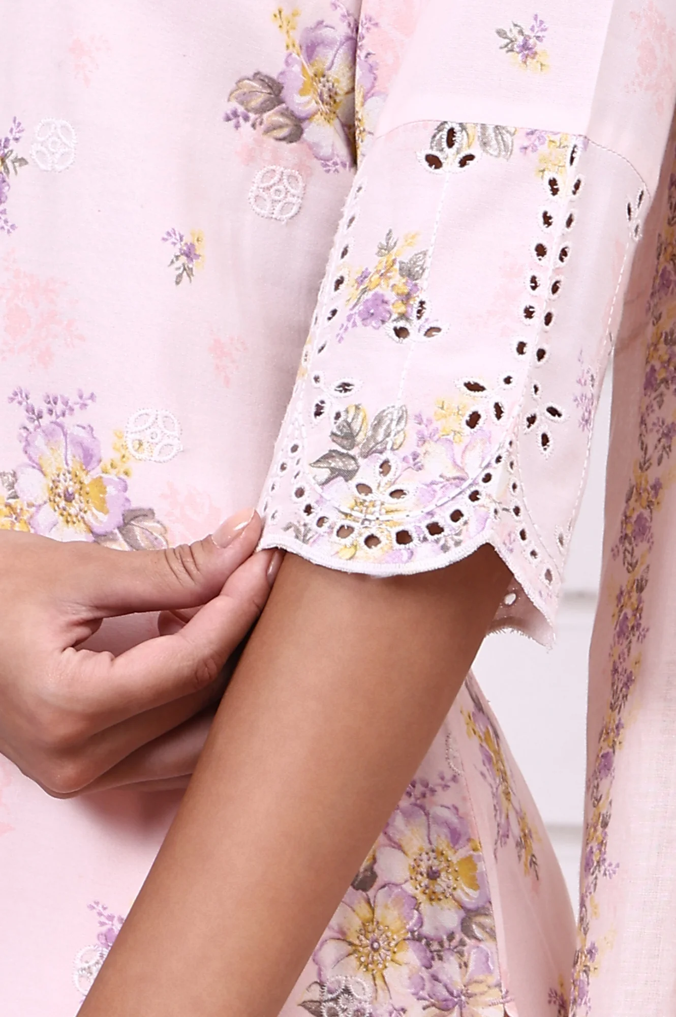 Pink Floral Printed Schiffily Embroidered Liva Straight Kurta, Palazzo and Dupatta Set - Image 7