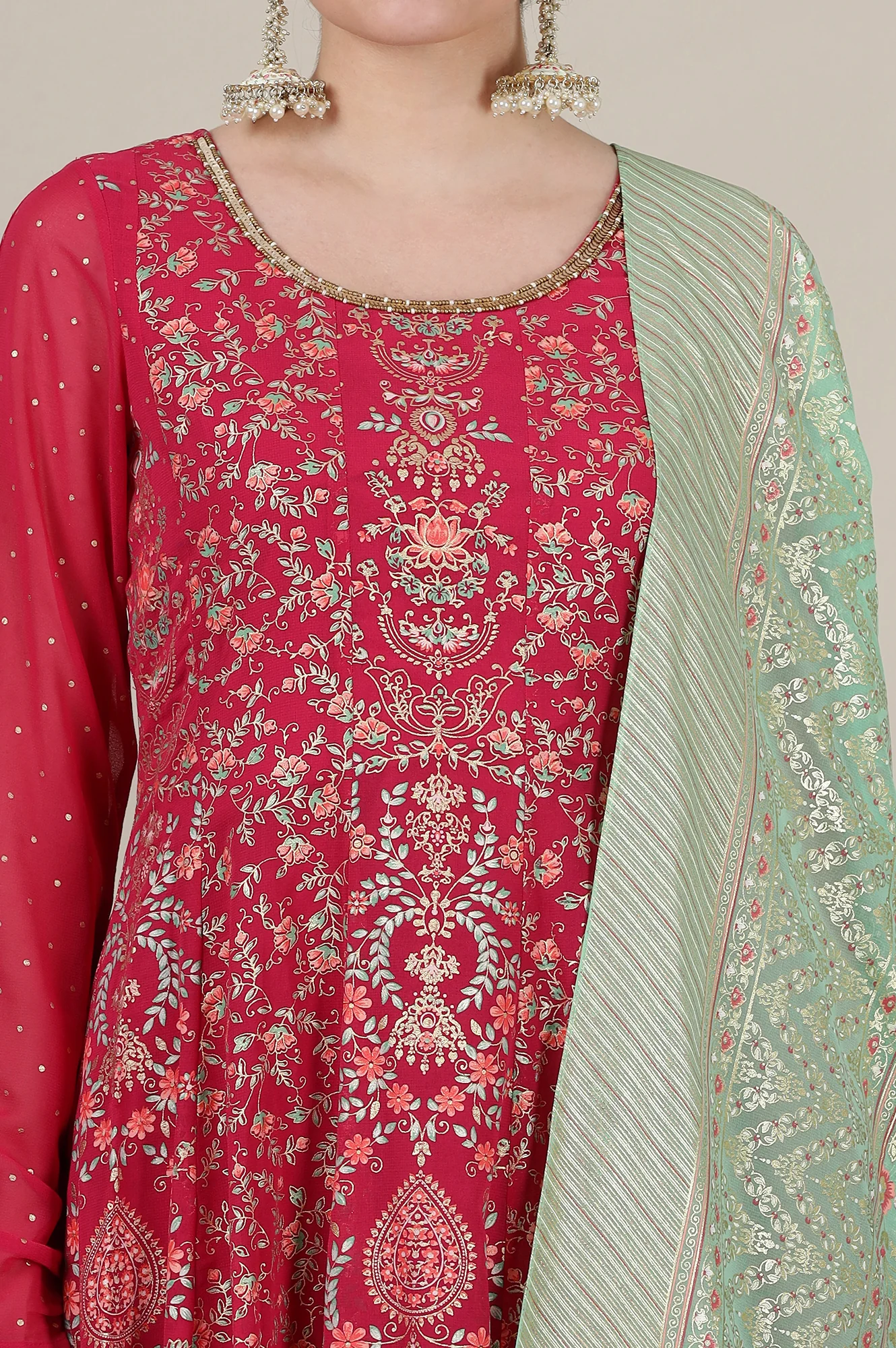 Pink Foil Floral Printed Sequined Kalidar Kurta, Tights and Dupatta Set - Image 4