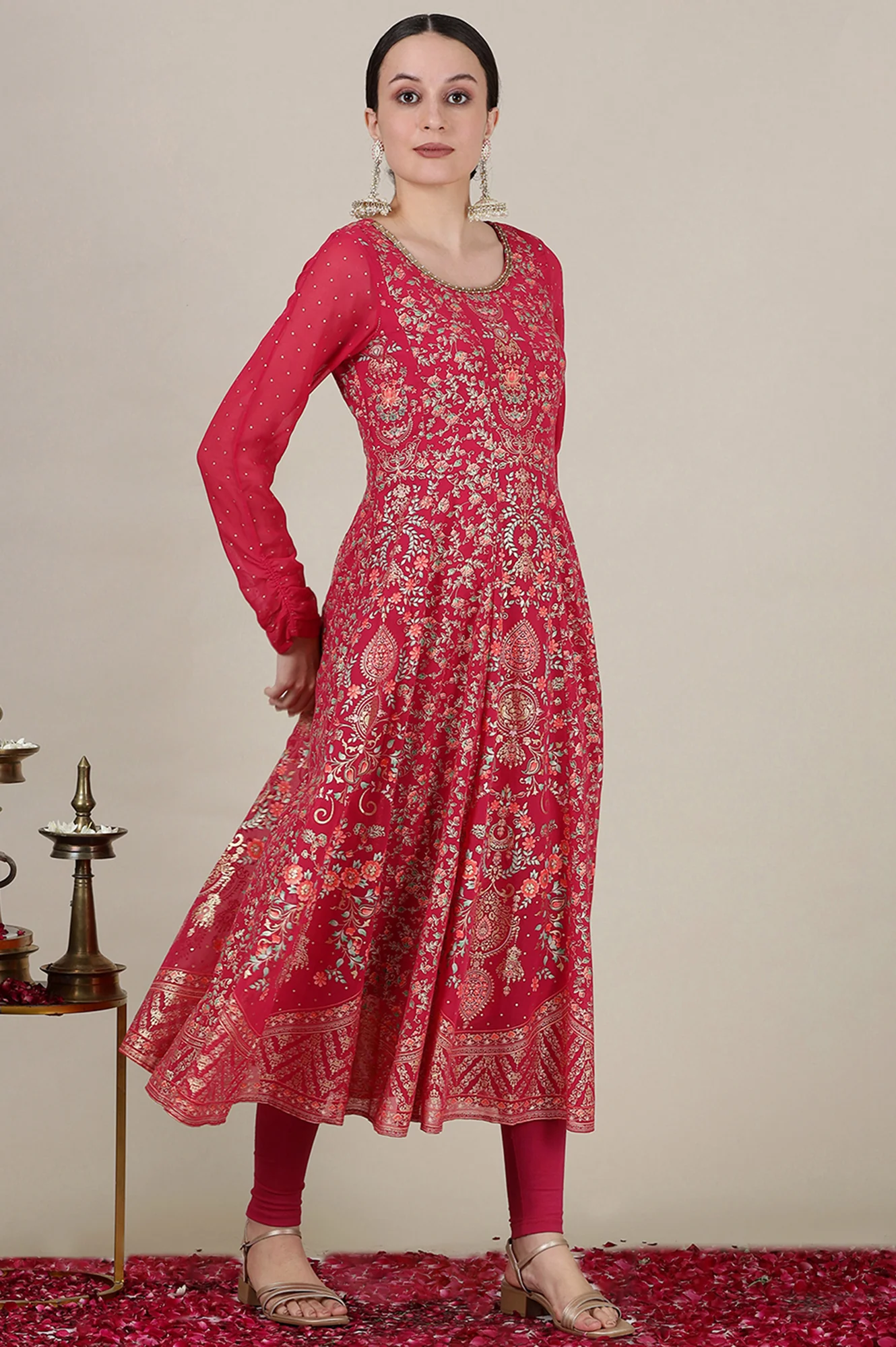 Pink Foil Floral Printed Sequined Kalidar Kurta, Tights and Dupatta Set - Image 7