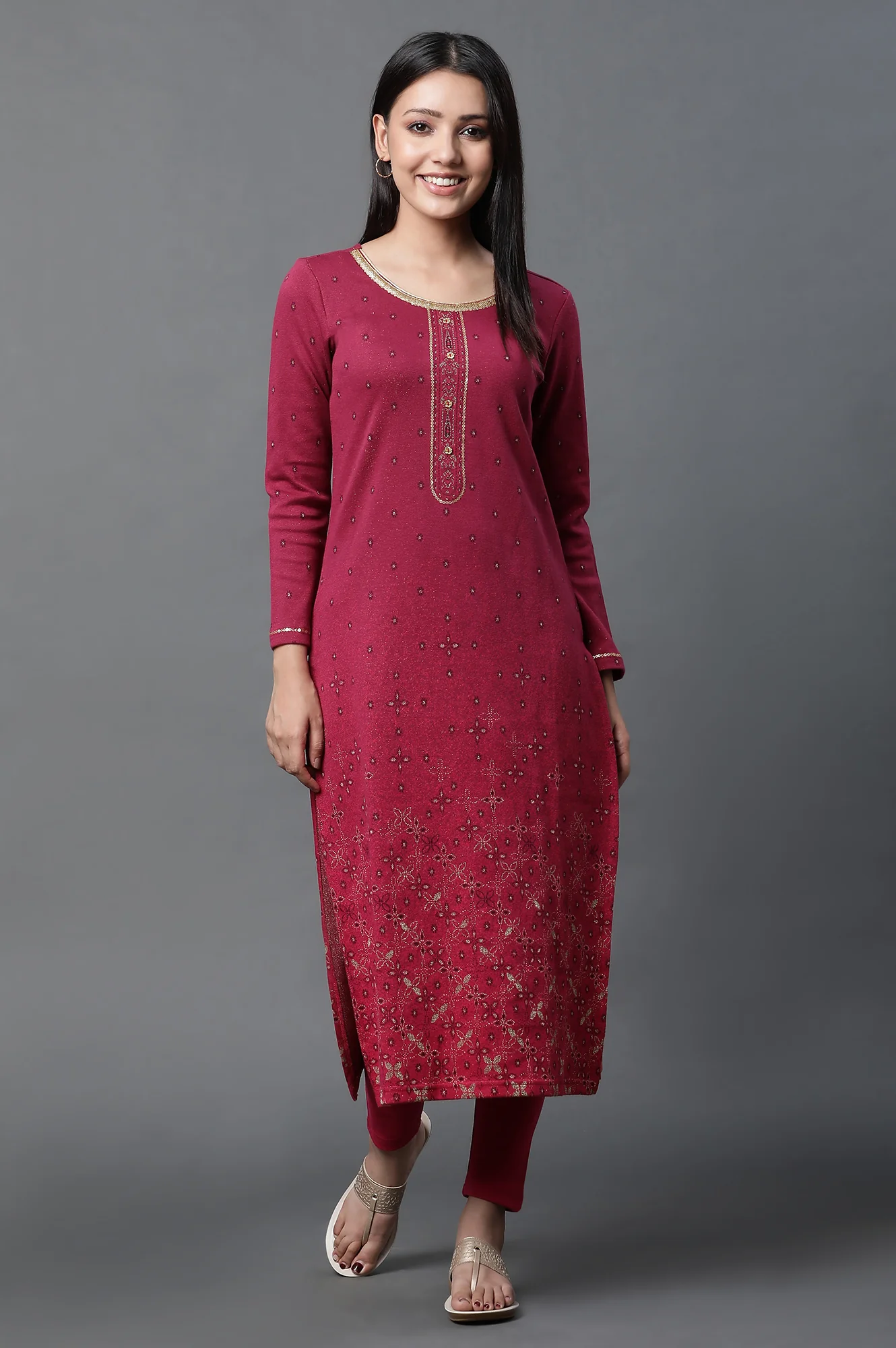Pink Geometric Printed Ethnic Winter Kurta and Tights Set - Image 2