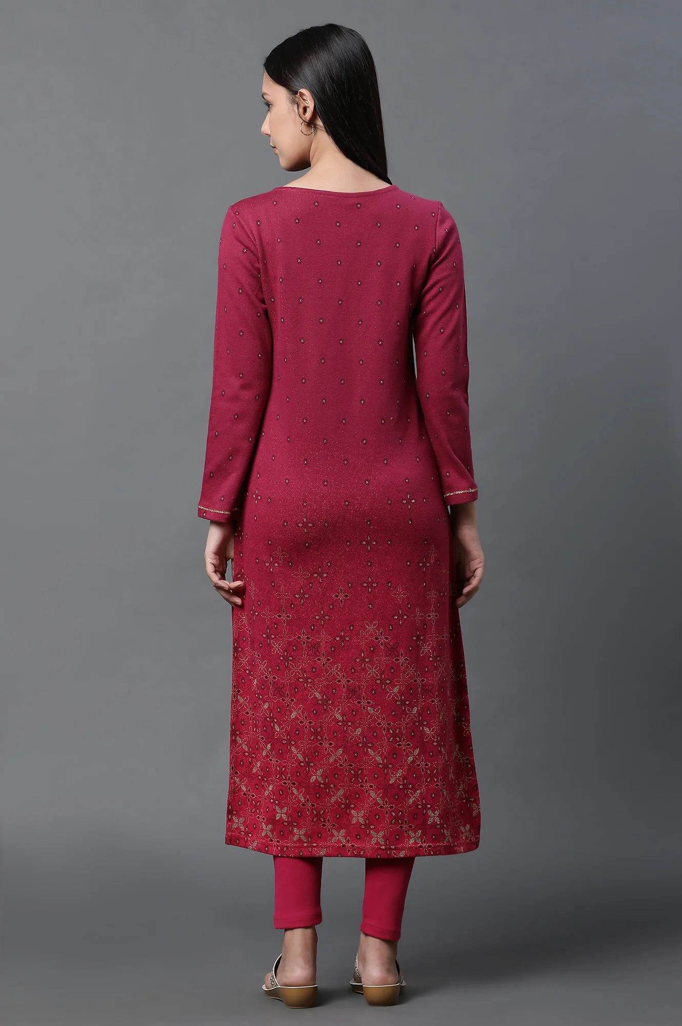Pink Geometric Printed Ethnic Winter Kurta and Tights Set - Image 4