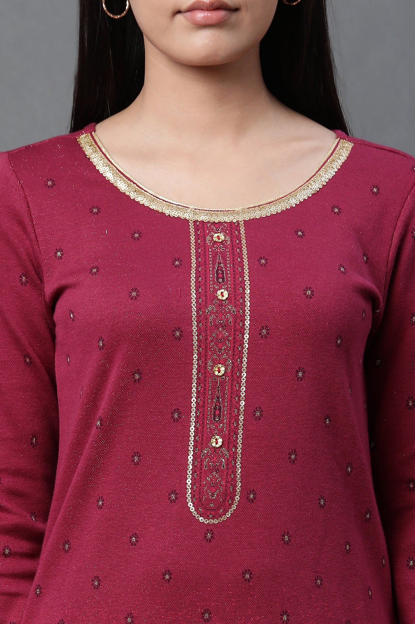 Pink Geometric Printed Ethnic Winter Kurta and Tights Set - Image 6