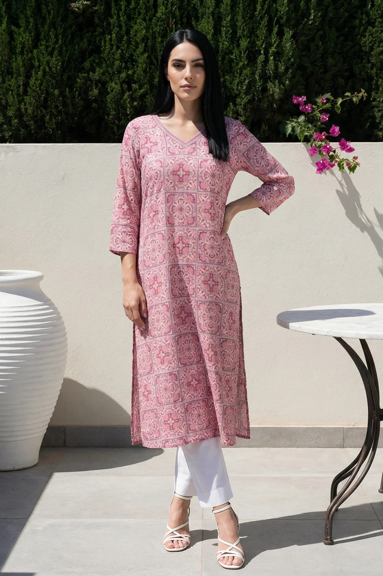 Pink Geometric Printed Modal Straight Kurta