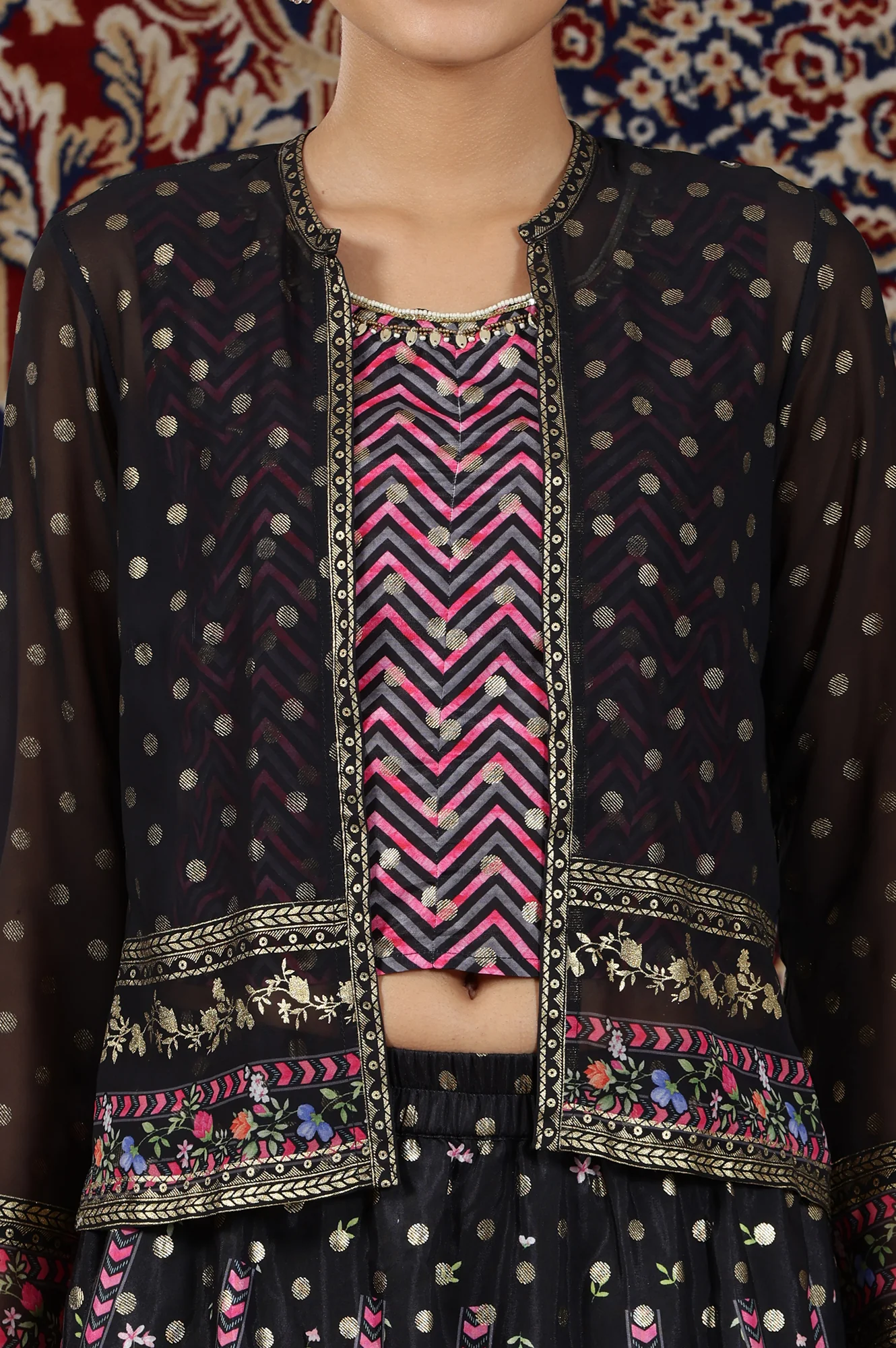 Pink Geometric Printed Sleeveless Top, Black Sheer Jacket and Flared Skirt Set - Image 4