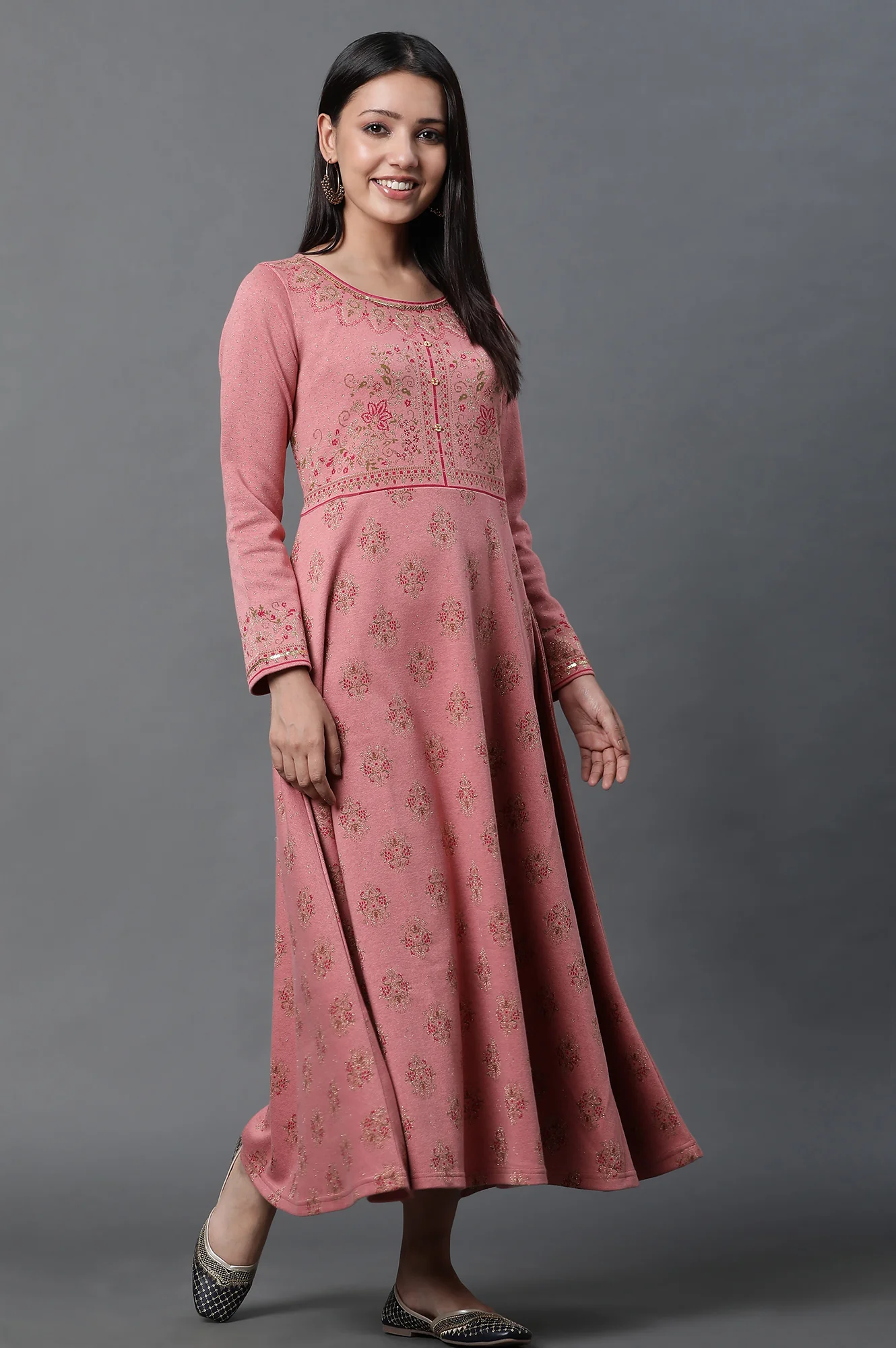Pink Jacquard Embellished Winter Dress - Image 5