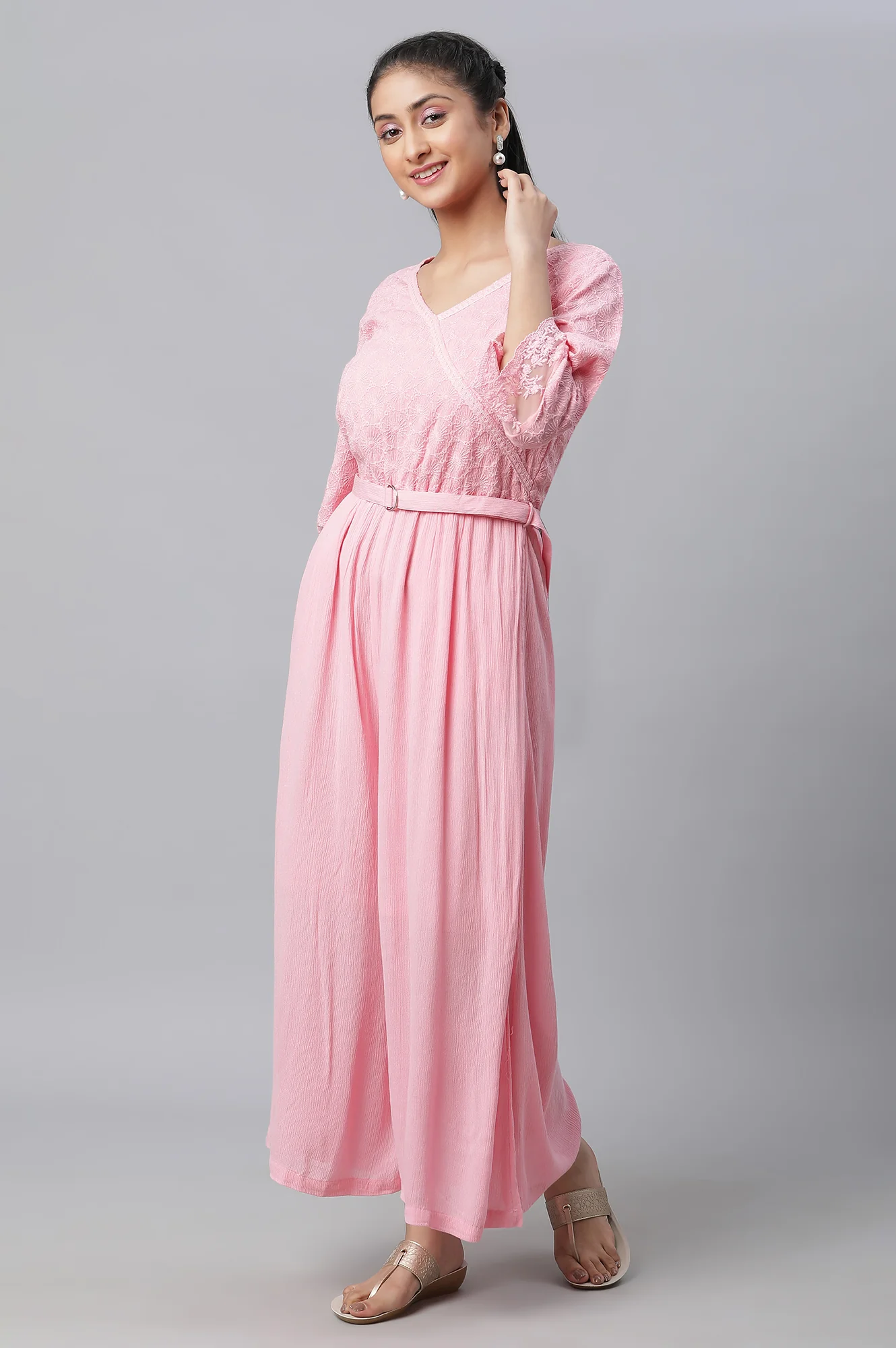 Pink Lace Detailed Jumpsuit In Rayon Crepe - Image 2