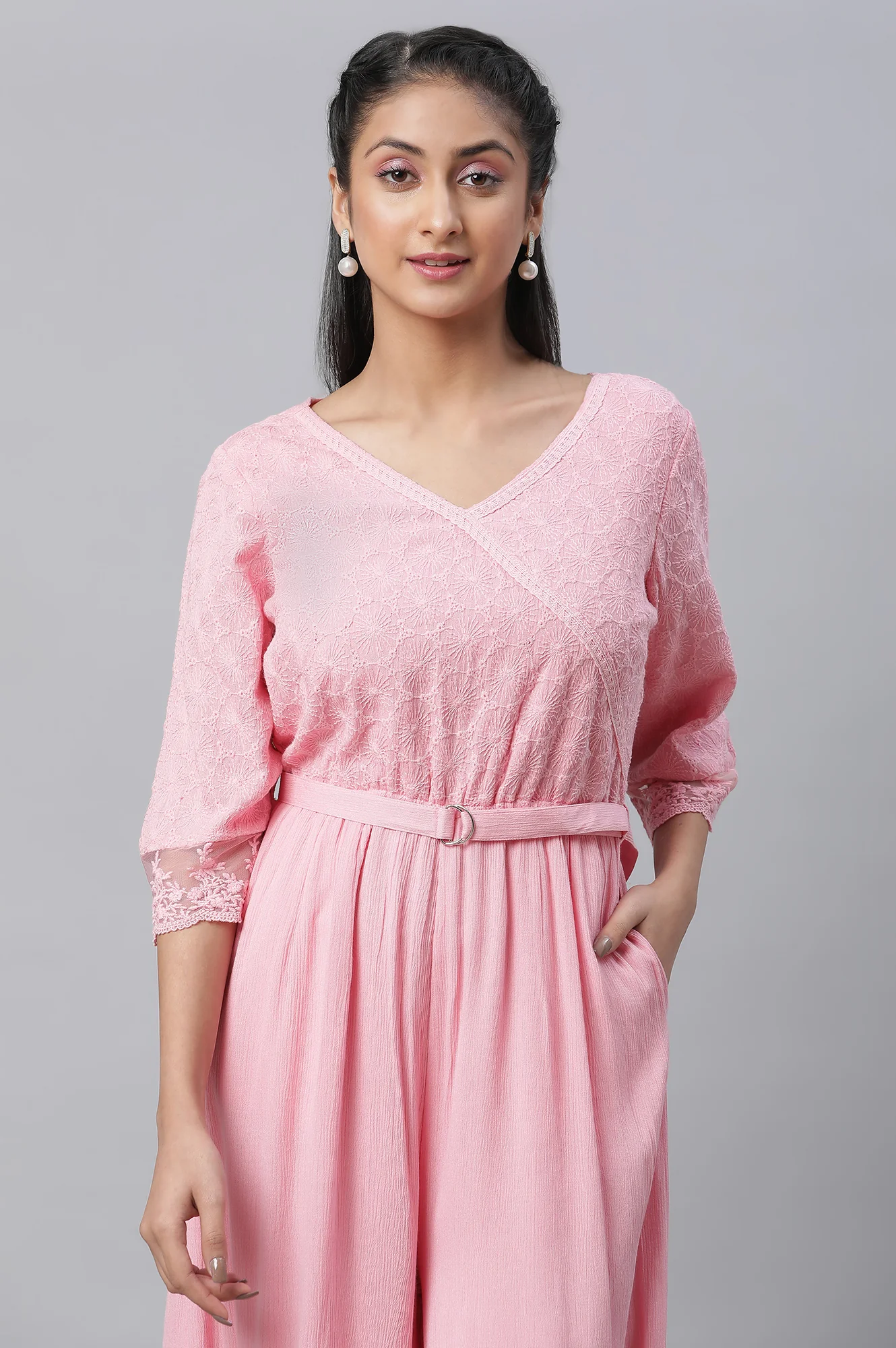 Pink Lace Detailed Jumpsuit In Rayon Crepe - Image 6