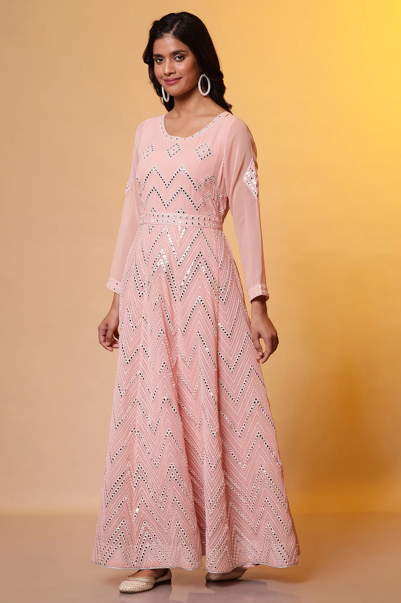 Pink Mirror Embroidered Anarkali Dress and Dupatta Set - Image 3