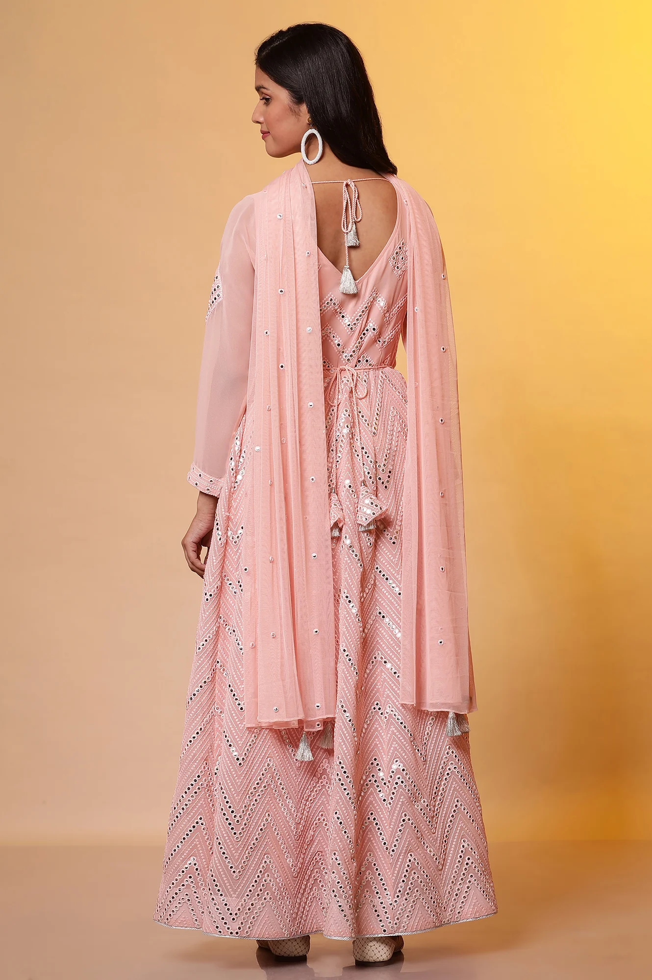 Pink Mirror Embroidered Anarkali Dress and Dupatta Set - Image 4