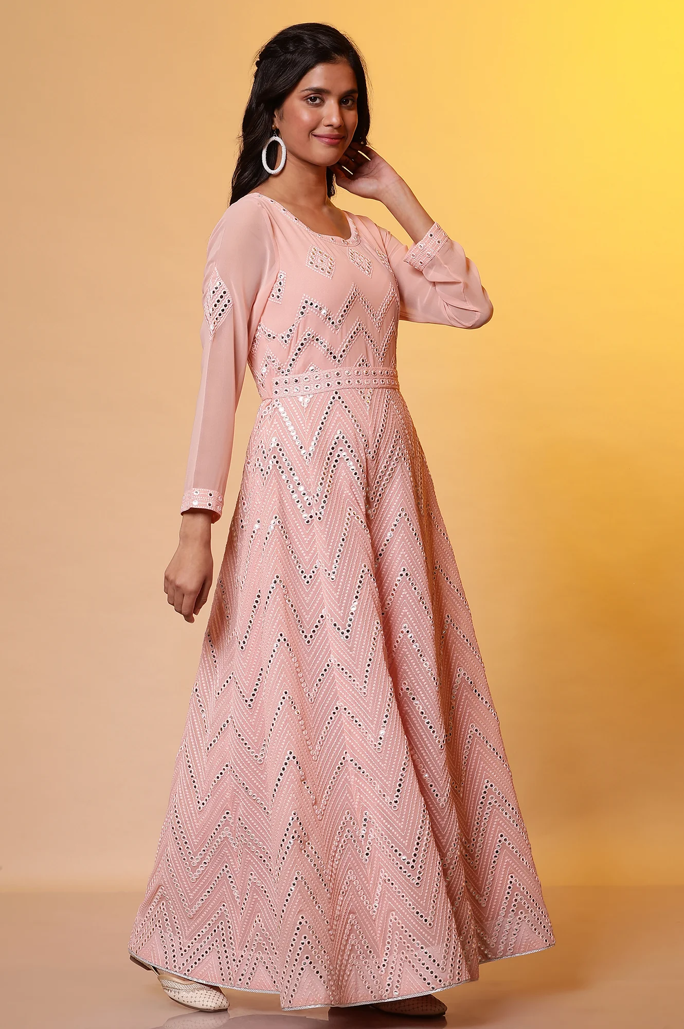 Pink Mirror Embroidered Anarkali Dress and Dupatta Set - Image 5