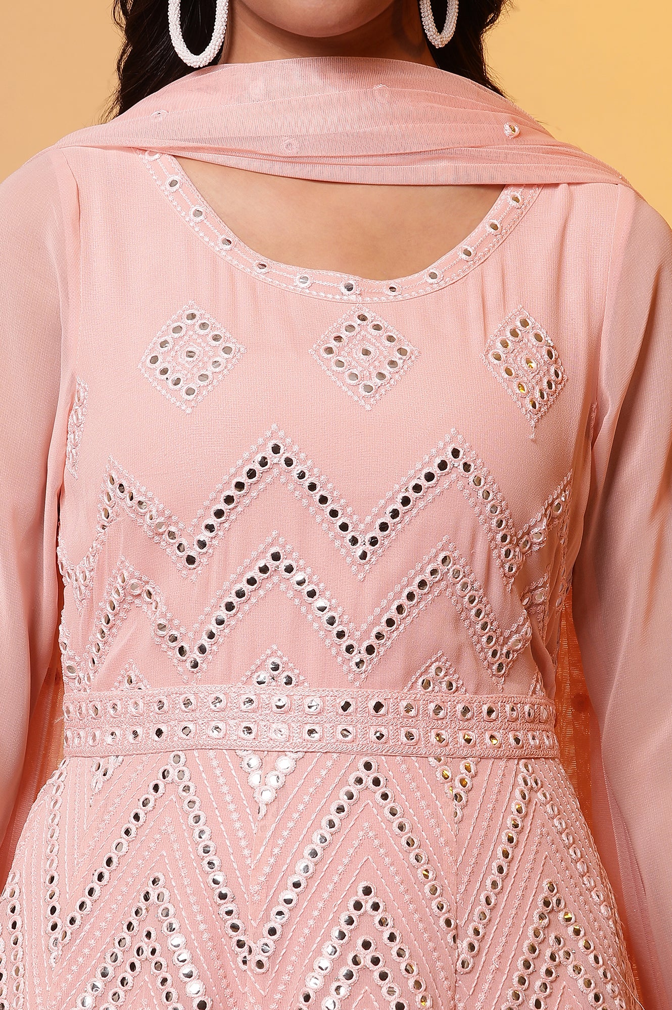 Pink Mirror Embroidered Anarkali Dress and Dupatta Set - Image 6