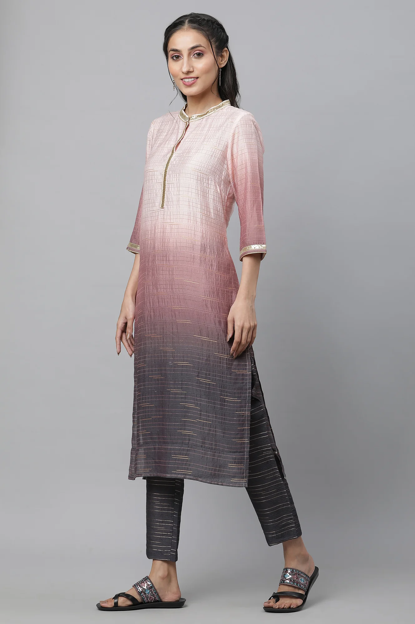 Pink Ombrey Sequined Straight Kurta and Trouser Co-ord Set - Image 3
