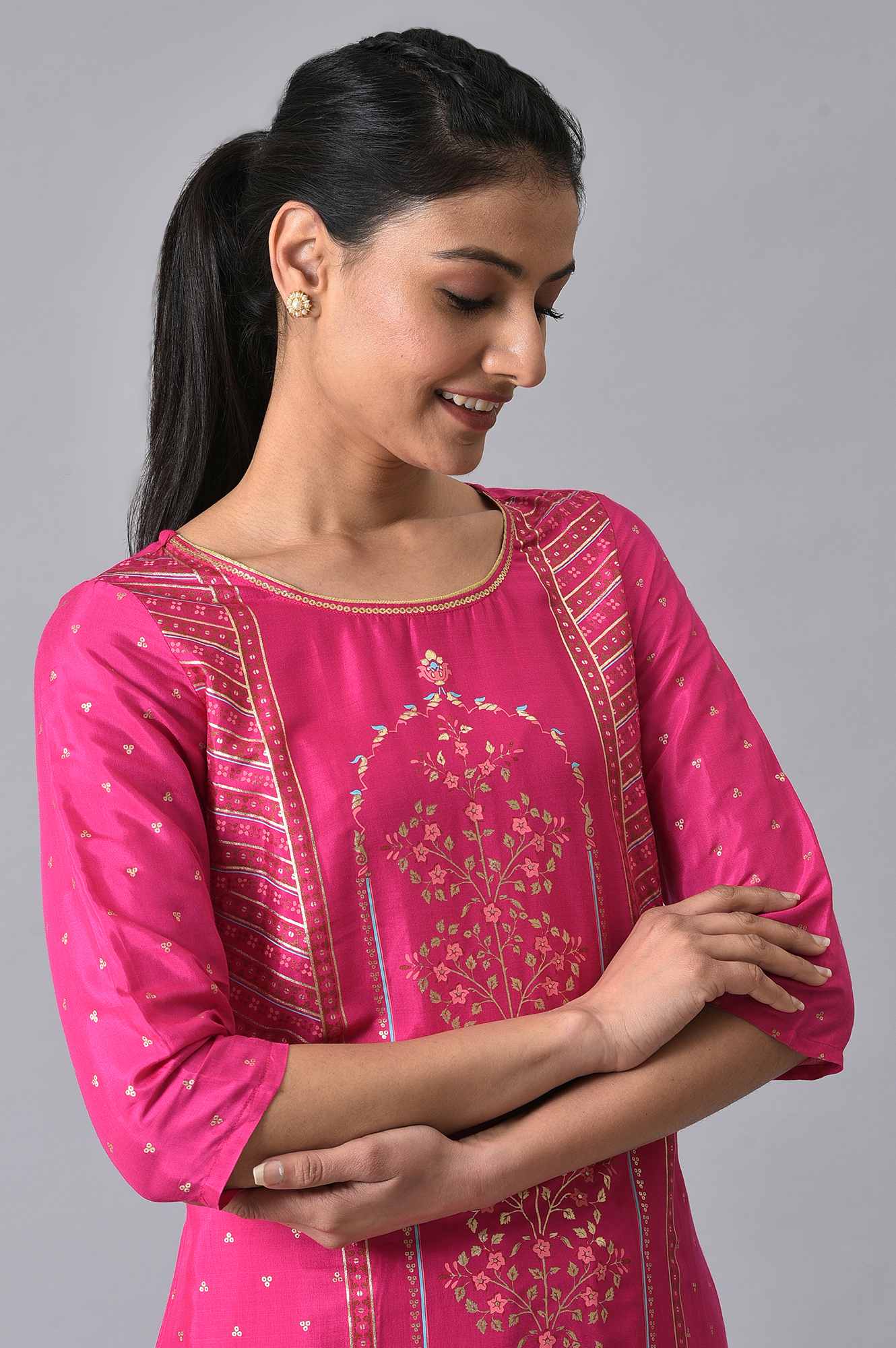 Pink Printed Ethnic Kurta With Palazzo - Image 5