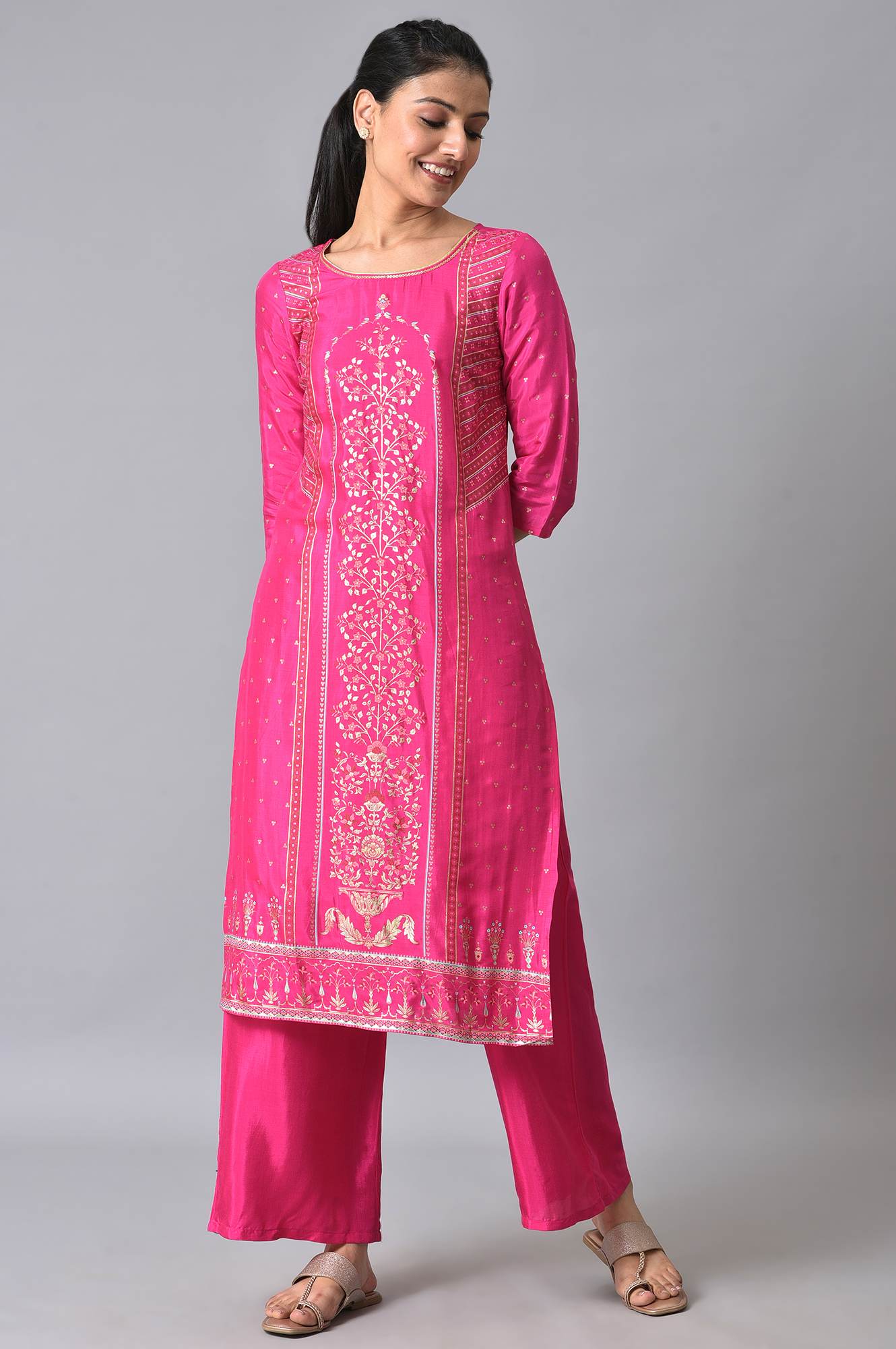 Pink Printed Ethnic Kurta With Palazzo - Image 8