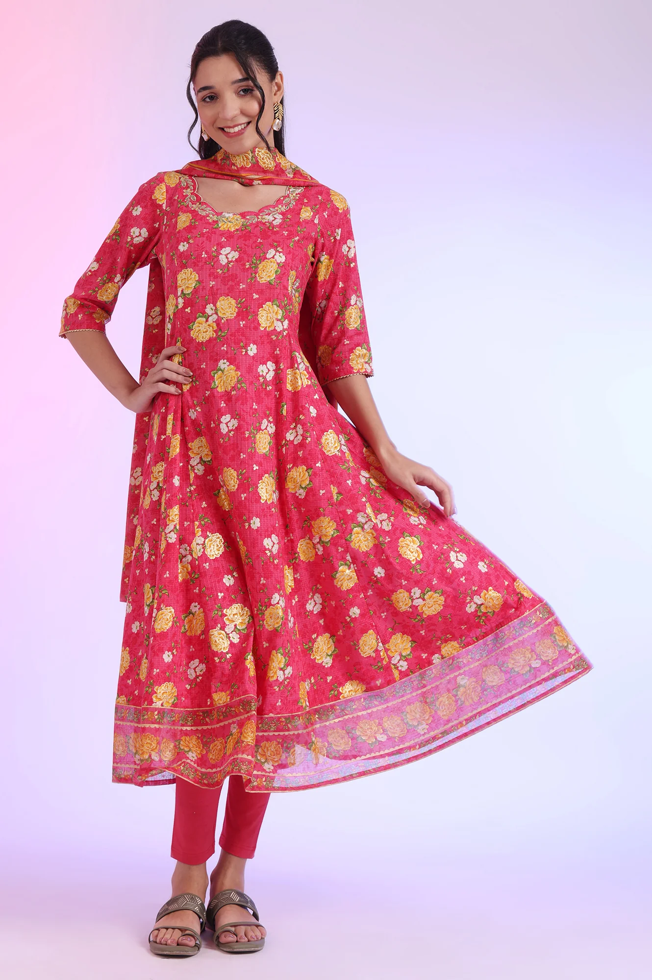 Pink Printed Anarkali with Leggings & Dupatta Set - Image 3