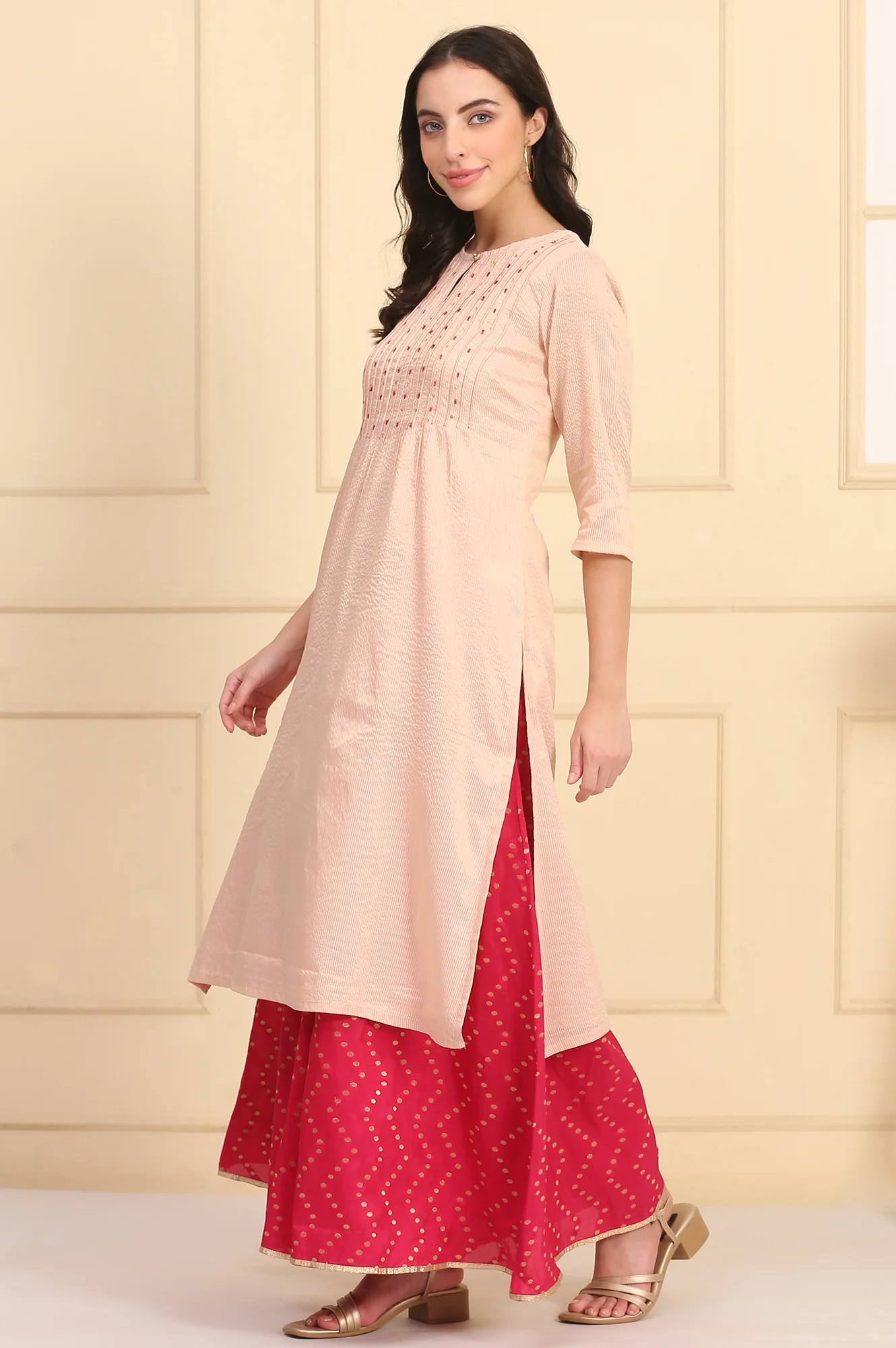Pink Printed Jacquard Embellished Ankle-Length Woven Fabric Palazzo - Image 6