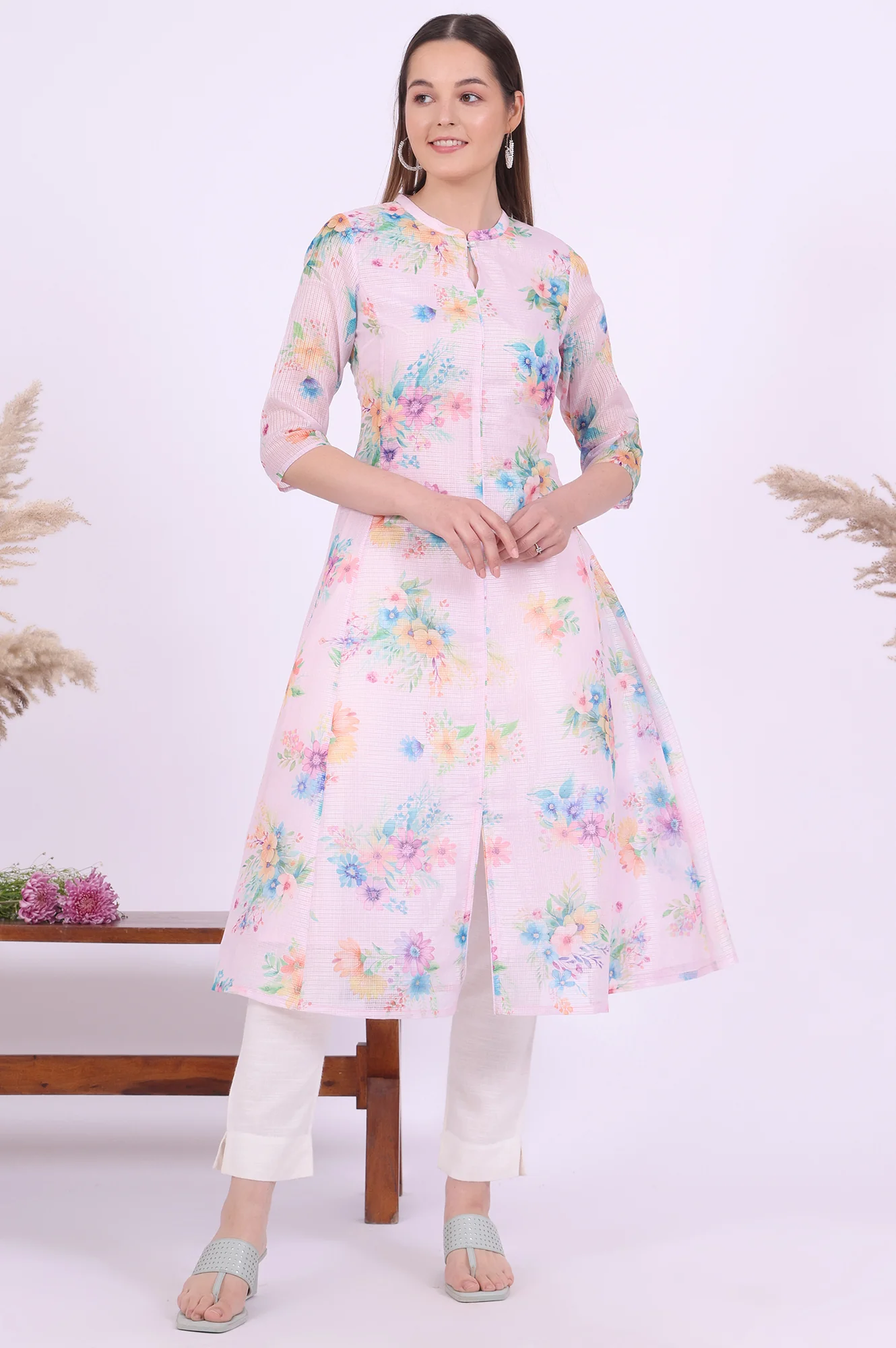 Pink Printed A-Line Kota Kurta - Image 3