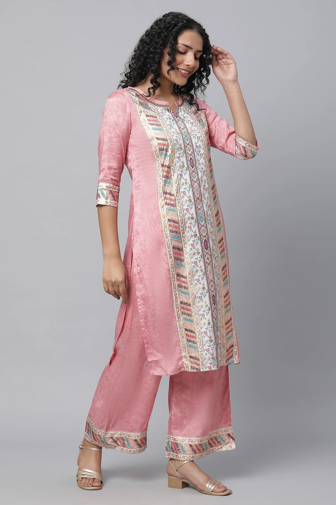 Pink Printed Liva kurta & Palazzo Set - Image 5