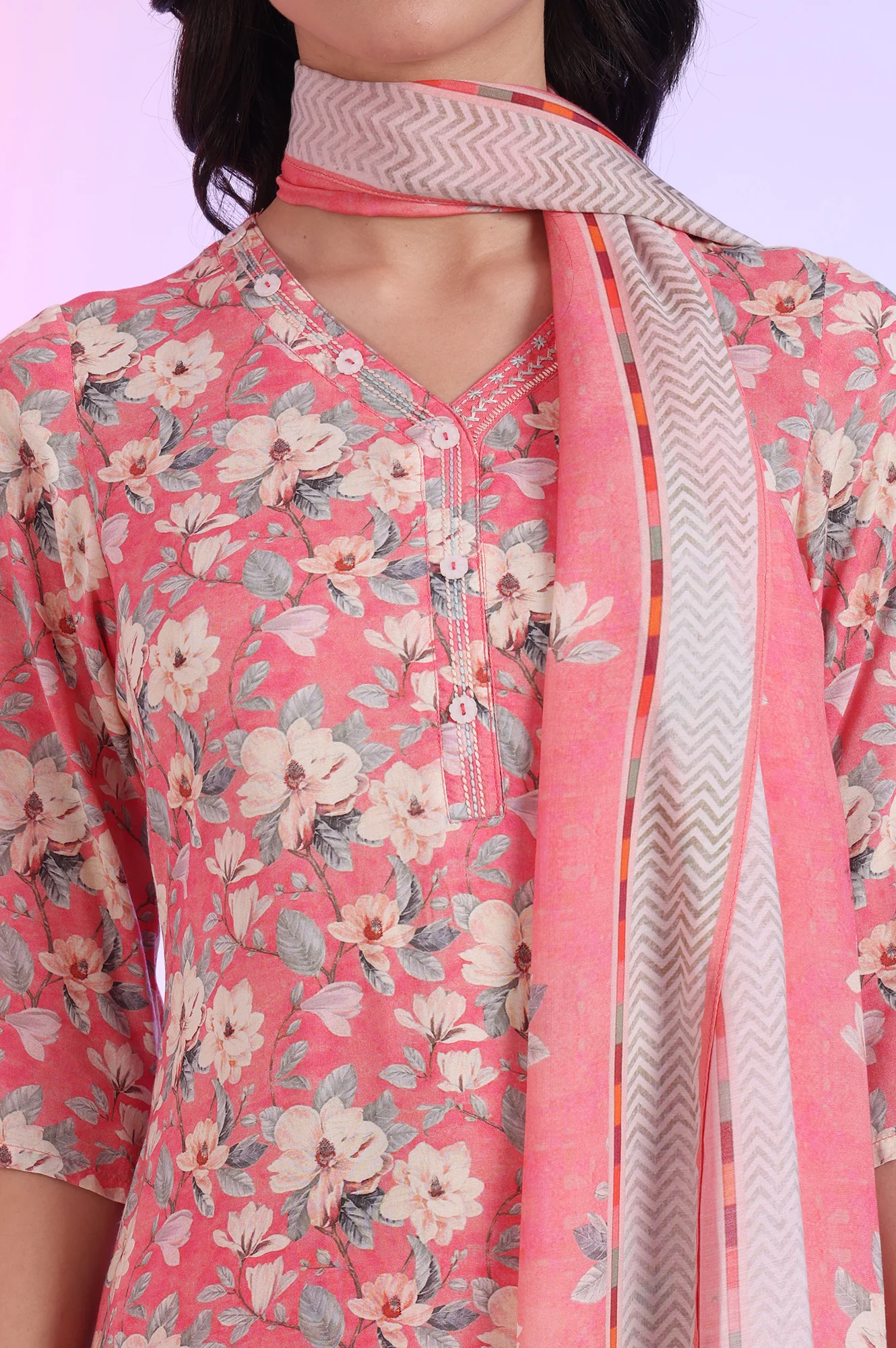 Pink Printed Straight Kurta with Palazzo & Dupatta Set - Image 4