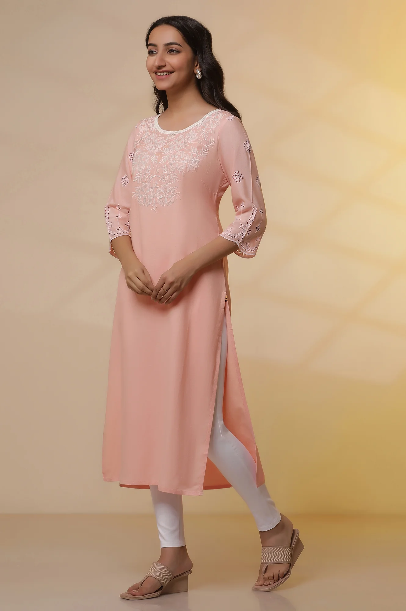 Pink Schiffli Embroidered Kurta, Slim Pants and Dupatta Set - Image 3