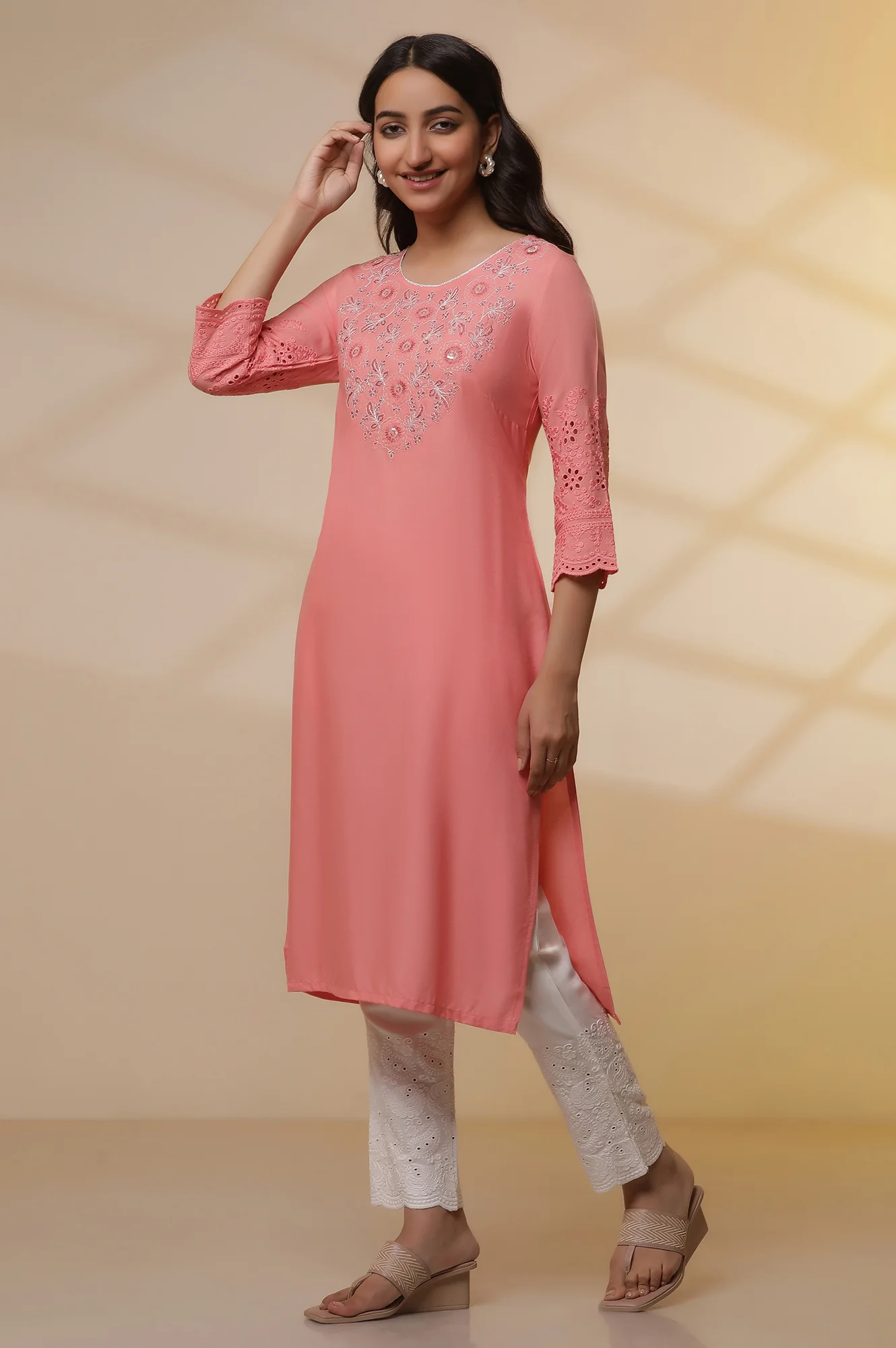 Pink Schiffli Embroidered Kurta, Pants and Mesh Dupatta Set - Image 3