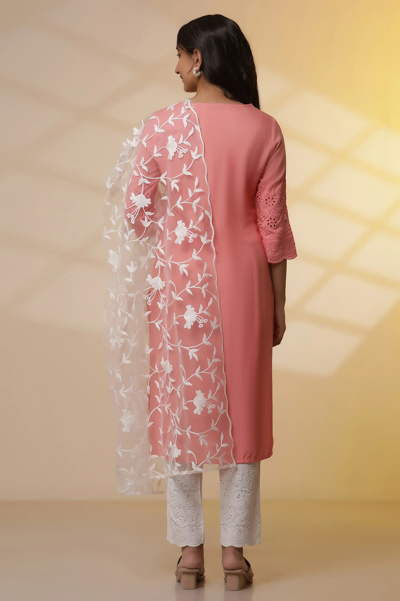 Pink Schiffli Embroidered Kurta, Pants and Mesh Dupatta Set - Image 4