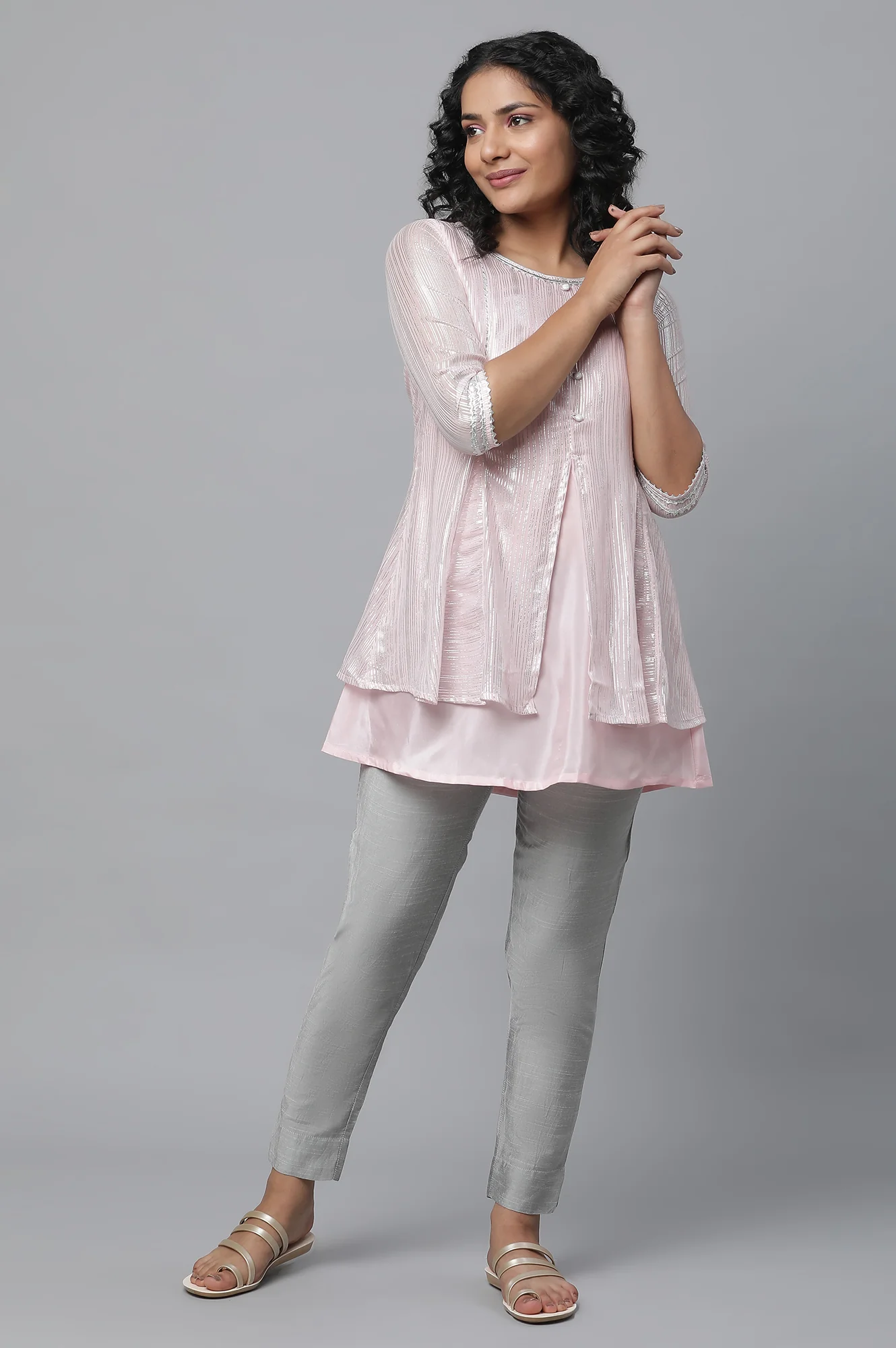 Pink Short kurta With Silver Lace Details - Image 5