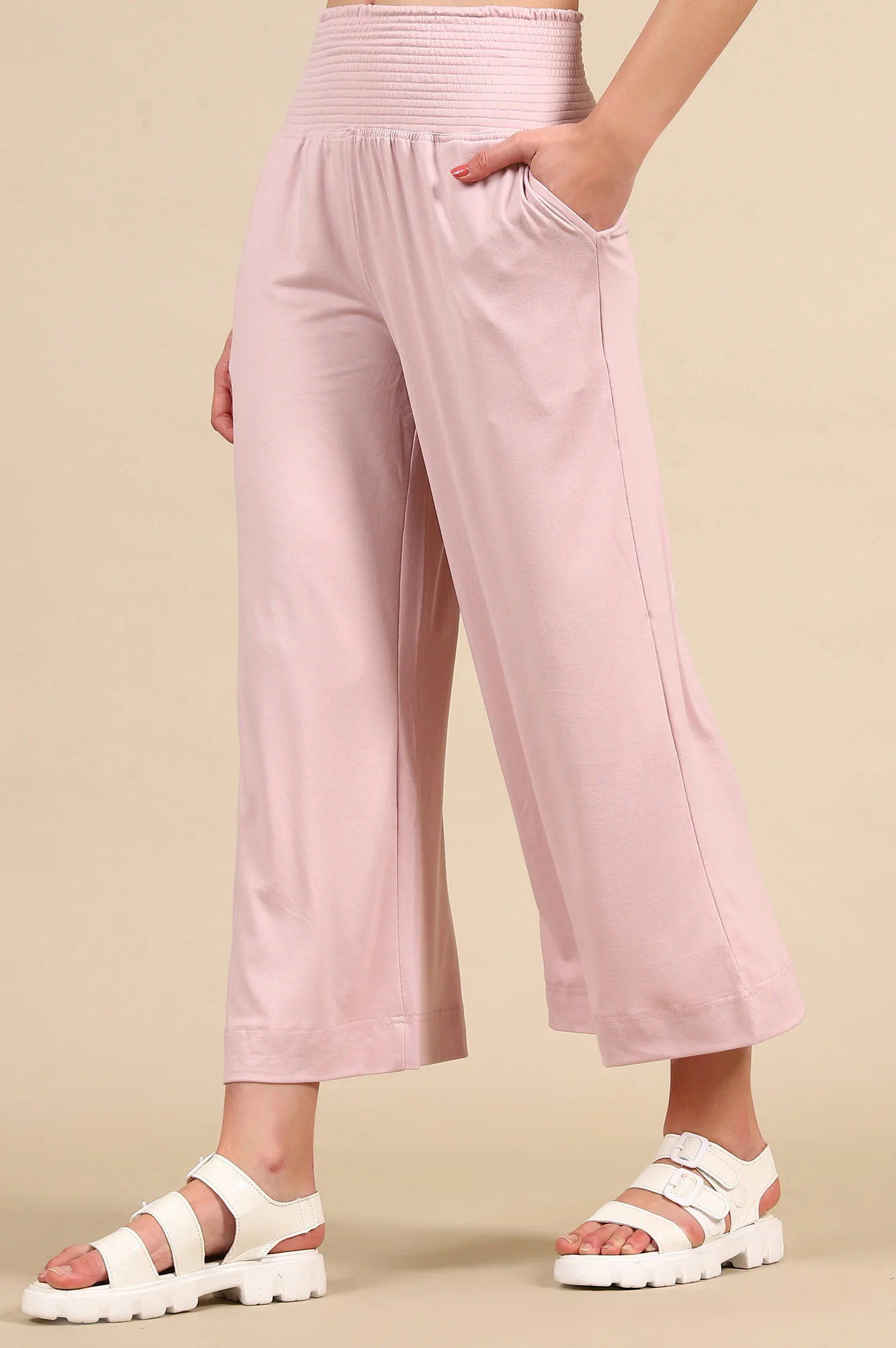 Pink Solid Flared Pants With Smoked High Waisted Detail - Image 2