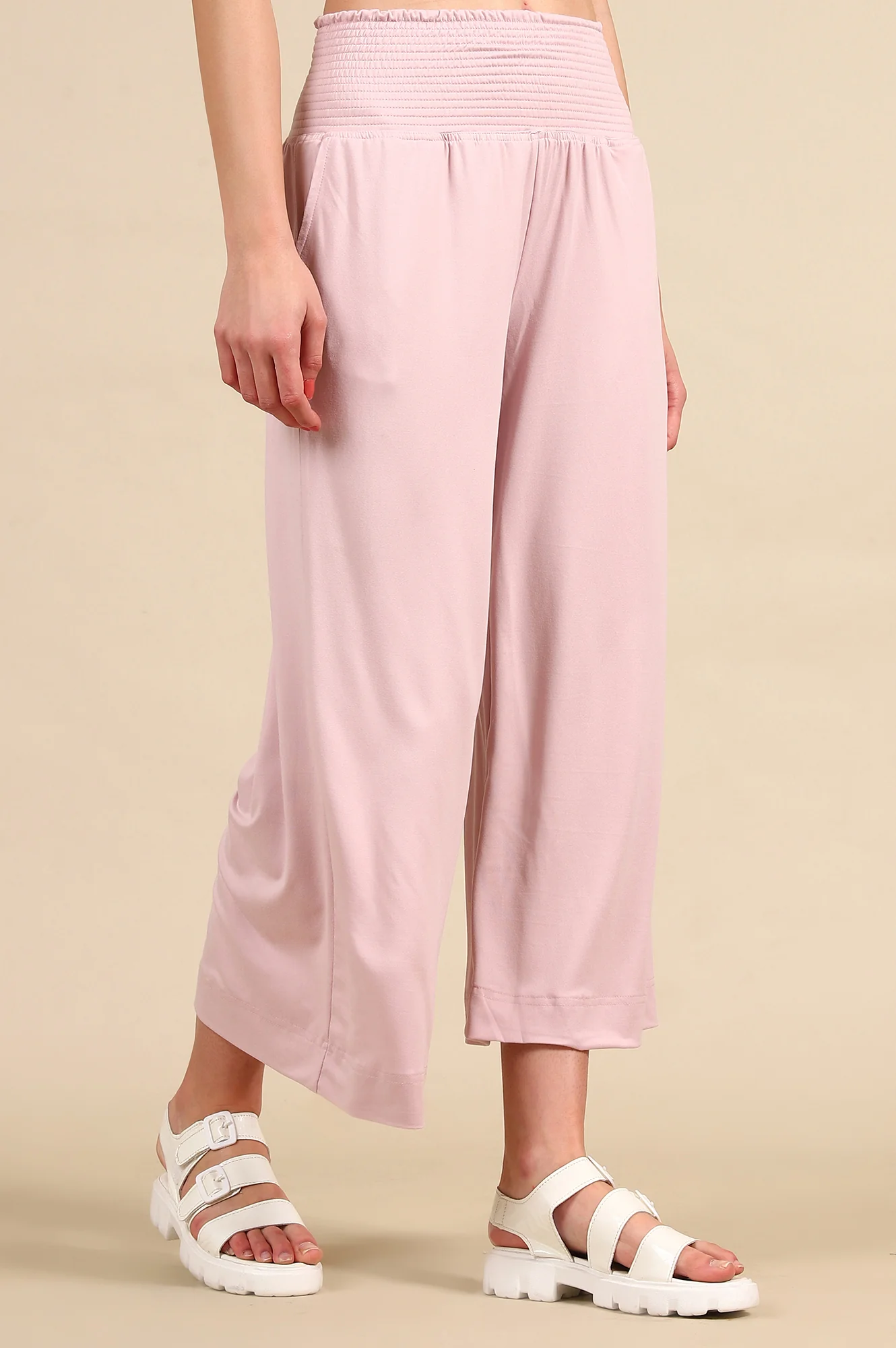 Pink Solid Flared Pants With Smoked High Waisted Detail - Image 4