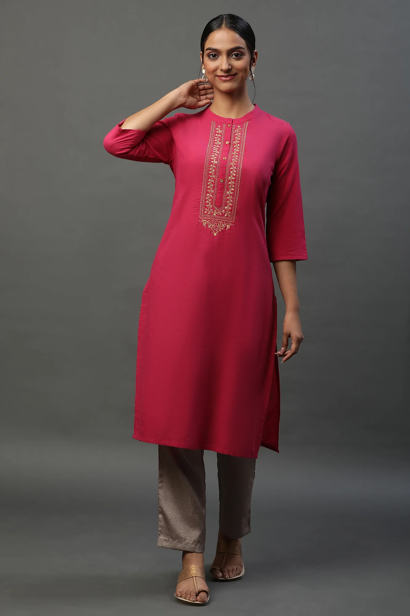 Pink Solid Cotton Kurta with Embellished Yoke - Image 2
